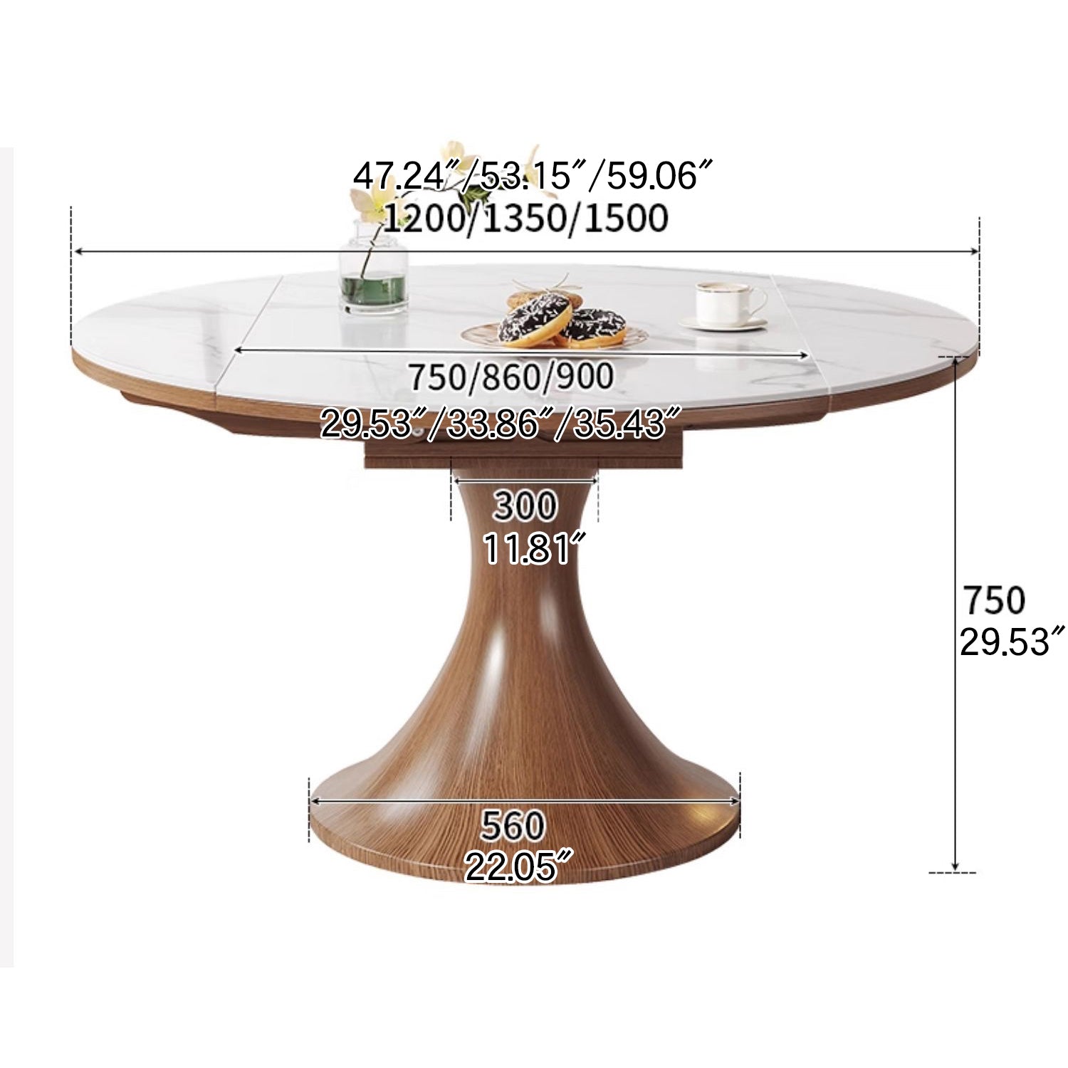 Modern Round Oak Wood Dining Table with Extendable Sintered Stone Top & Pedestal for 6-8 People fmbs-003