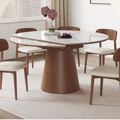 Modern Oak Wood Dining Table with Extendable Sintered Stone Top & Pedestal for Dining Room fmbs-004