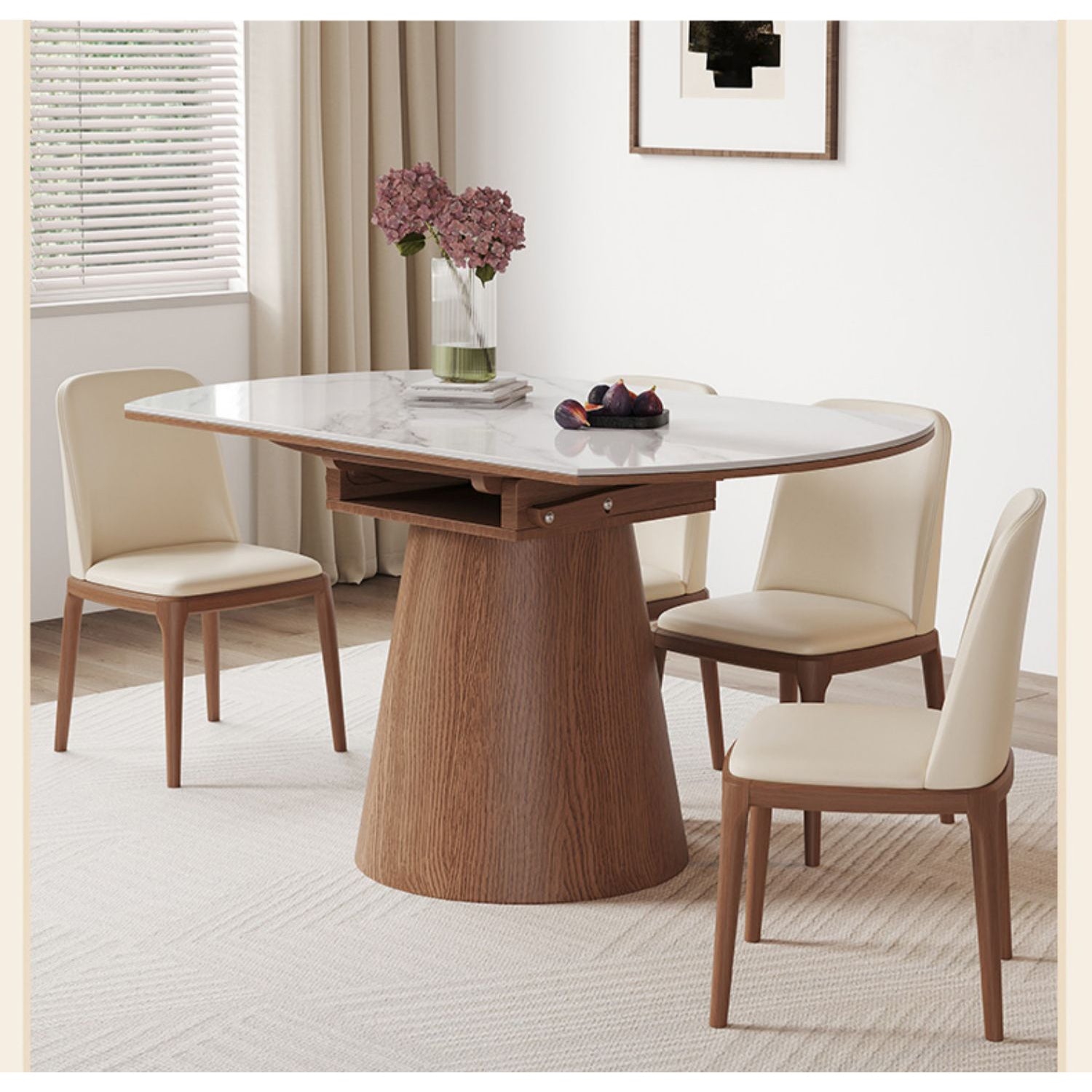 Modern Oak Wood Dining Table with Extendable Sintered Stone Top & Pedestal for Dining Room fmbs-004