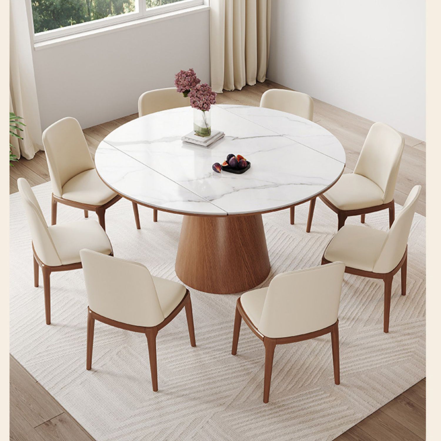 Modern Oak Wood Dining Table with Extendable Sintered Stone Top & Pedestal for Dining Room fmbs-004