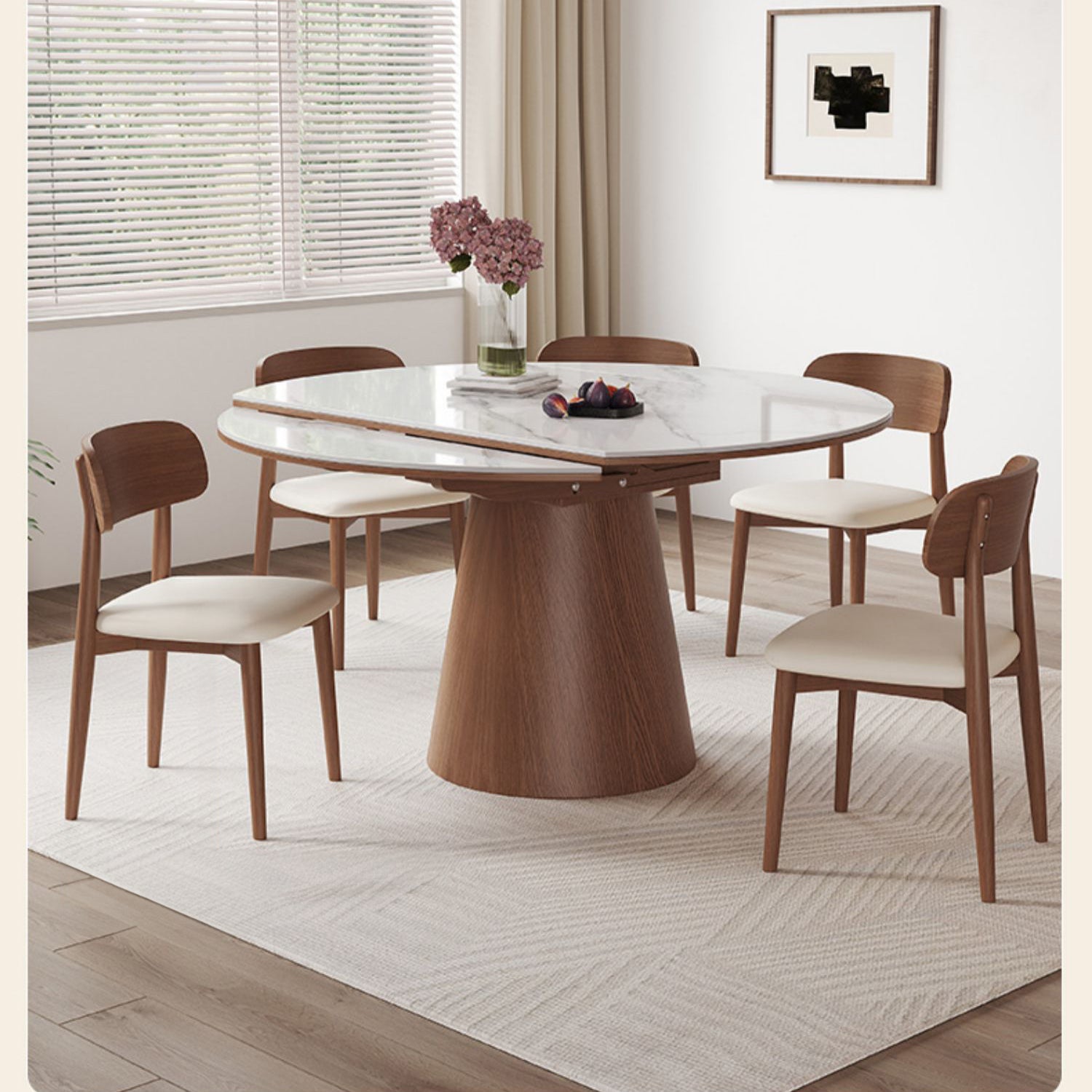 Modern Oak Wood Dining Table with Extendable Sintered Stone Top & Pedestal for Dining Room fmbs-004