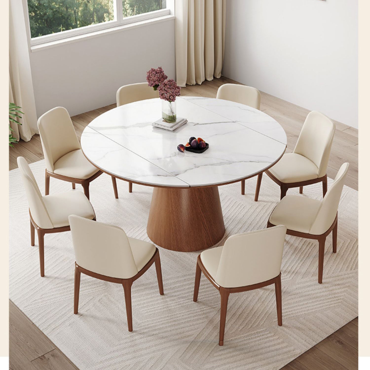 Modern Oak Wood Dining Table with Extendable Sintered Stone Top & Pedestal for Dining Room fmbs-004