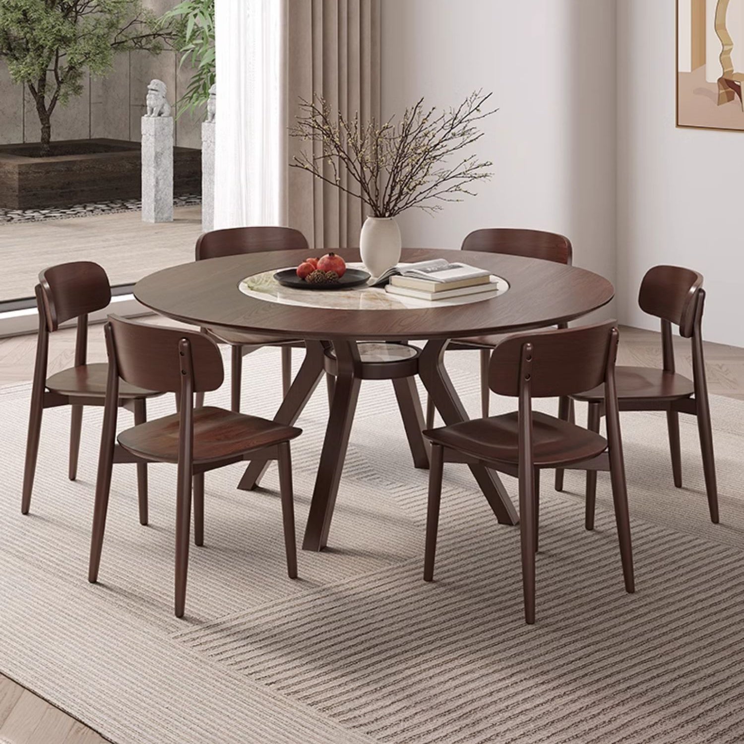 Modern Round Ash Wood Dining Table with Sintered Stone Top for 6 Seaters 4 Legs fmbs-005