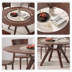 Modern Round Ash Wood Dining Table with Sintered Stone Top for 6 Seaters 4 Legs fmbs-005