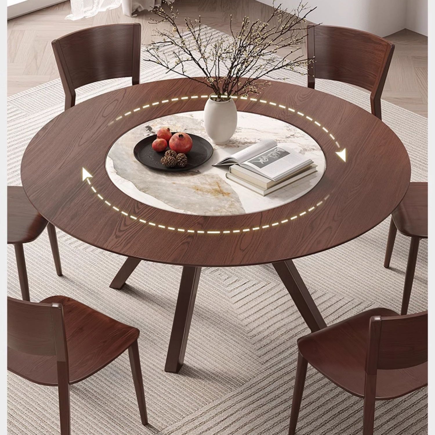 Modern Round Ash Wood Dining Table with Sintered Stone Top for 6 Seaters 4 Legs fmbs-005