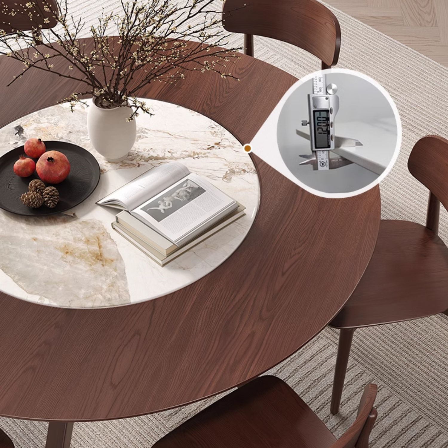 Modern Round Ash Wood Dining Table with Sintered Stone Top for 6 Seaters 4 Legs fmbs-005