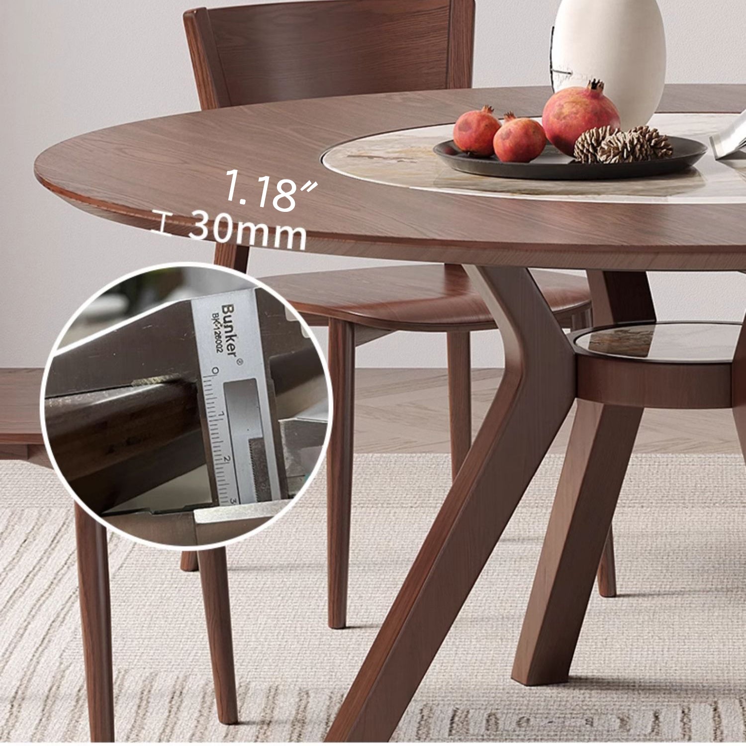 Modern Round Ash Wood Dining Table with Sintered Stone Top for 6 Seaters 4 Legs fmbs-005