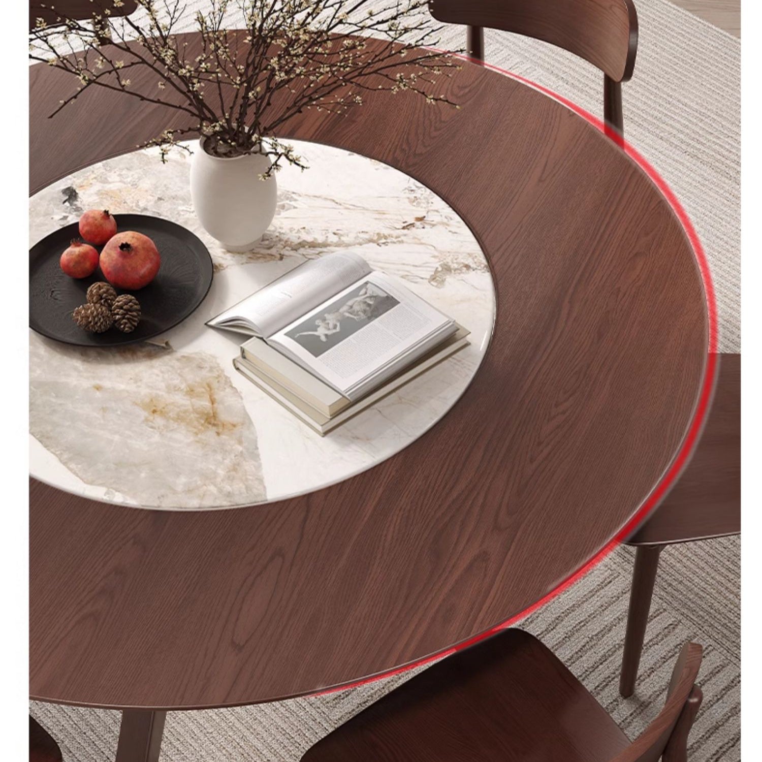 Modern Round Ash Wood Dining Table with Sintered Stone Top for 6 Seaters 4 Legs fmbs-005