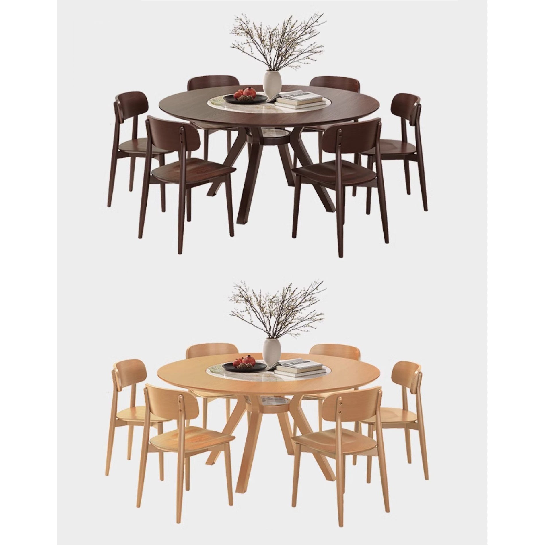 Modern Round Ash Wood Dining Table with Sintered Stone Top for 6 Seaters 4 Legs fmbs-005