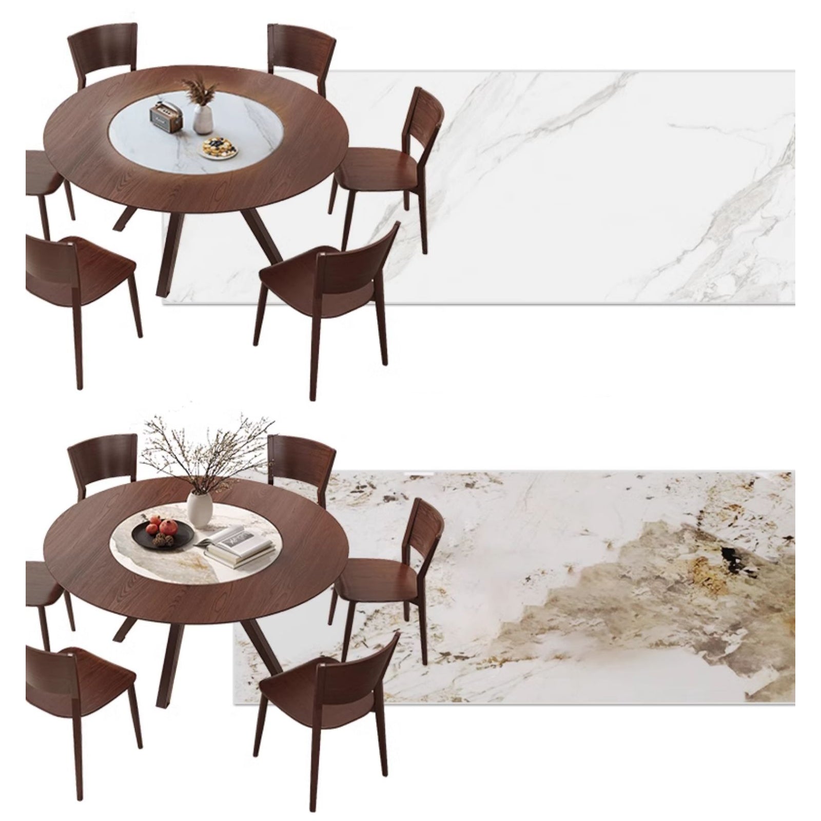 Modern Round Ash Wood Dining Table with Sintered Stone Top for 6 Seaters 4 Legs fmbs-005