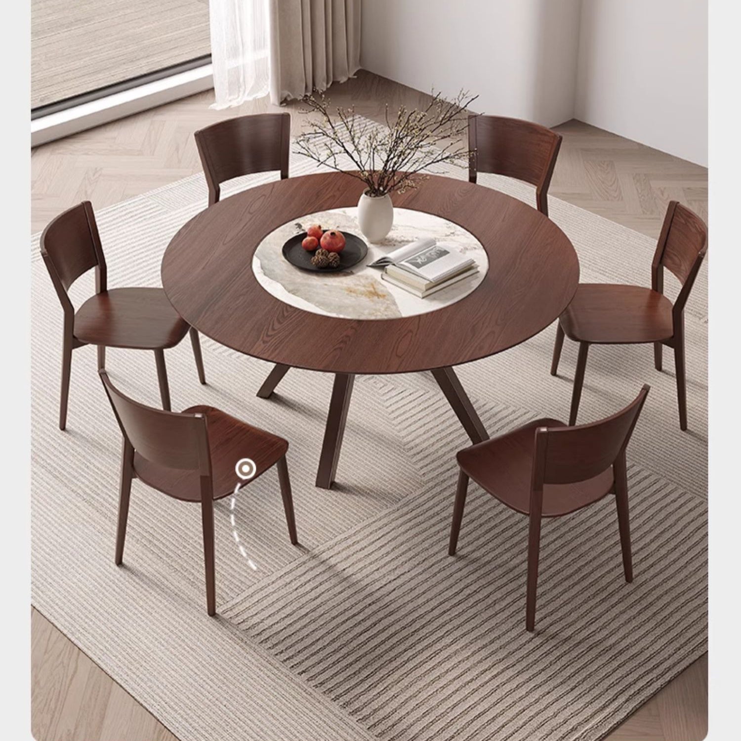 Modern Round Ash Wood Dining Table with Sintered Stone Top for 6 Seaters 4 Legs fmbs-005