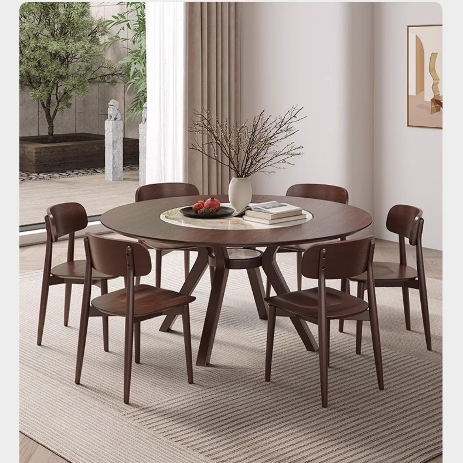 Modern Round Ash Wood Dining Table with Sintered Stone Top for 6 Seaters 4 Legs fmbs-005