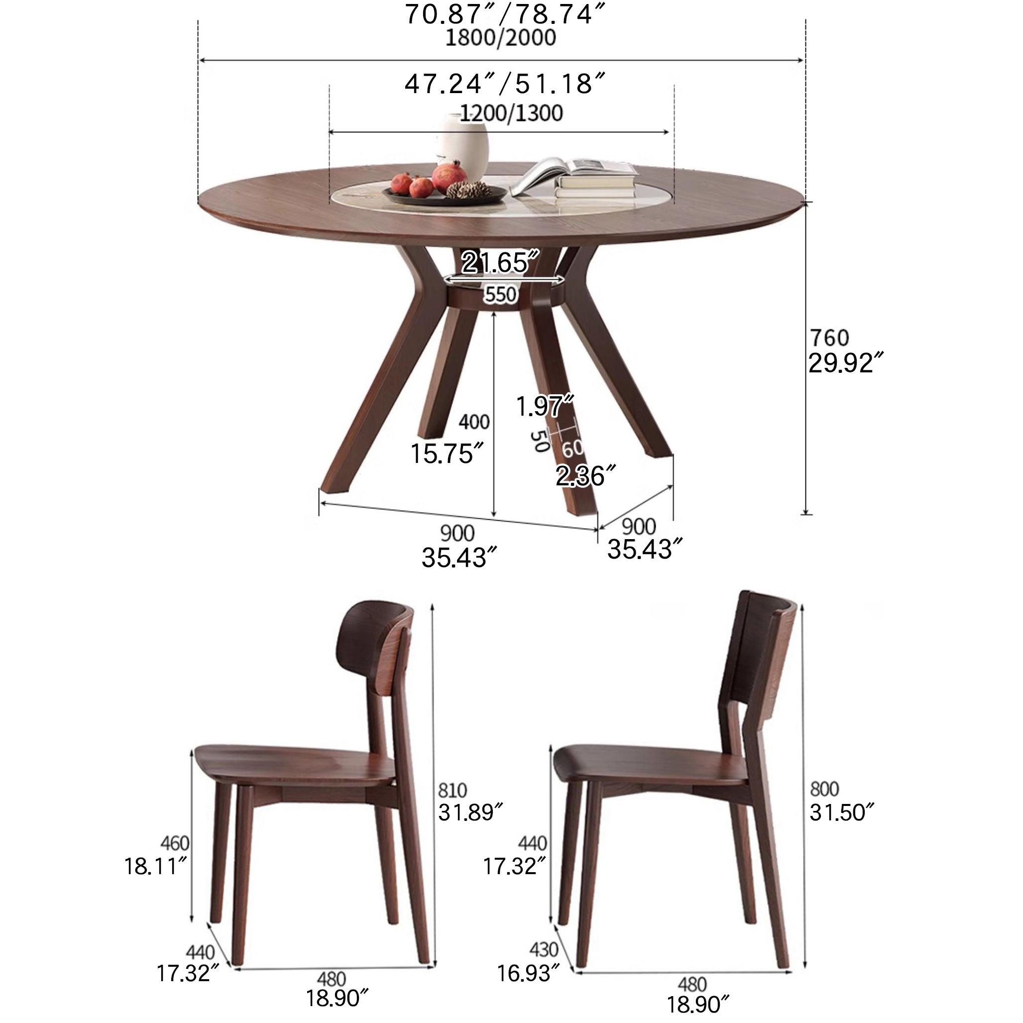 Modern Round Ash Wood Dining Table with Sintered Stone Top for 6 Seaters 4 Legs fmbs-005