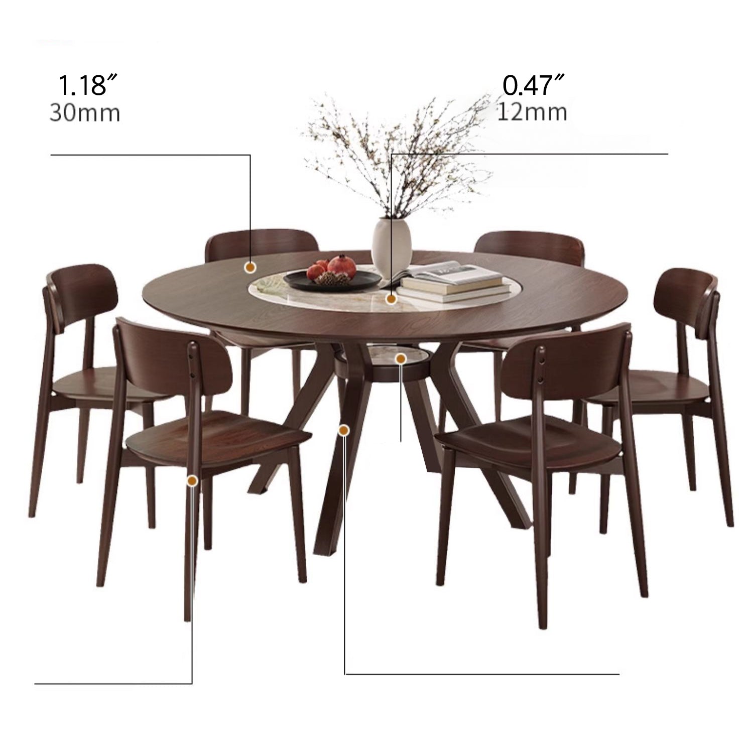 Modern Round Ash Wood Dining Table with Sintered Stone Top for 6 Seaters 4 Legs fmbs-005