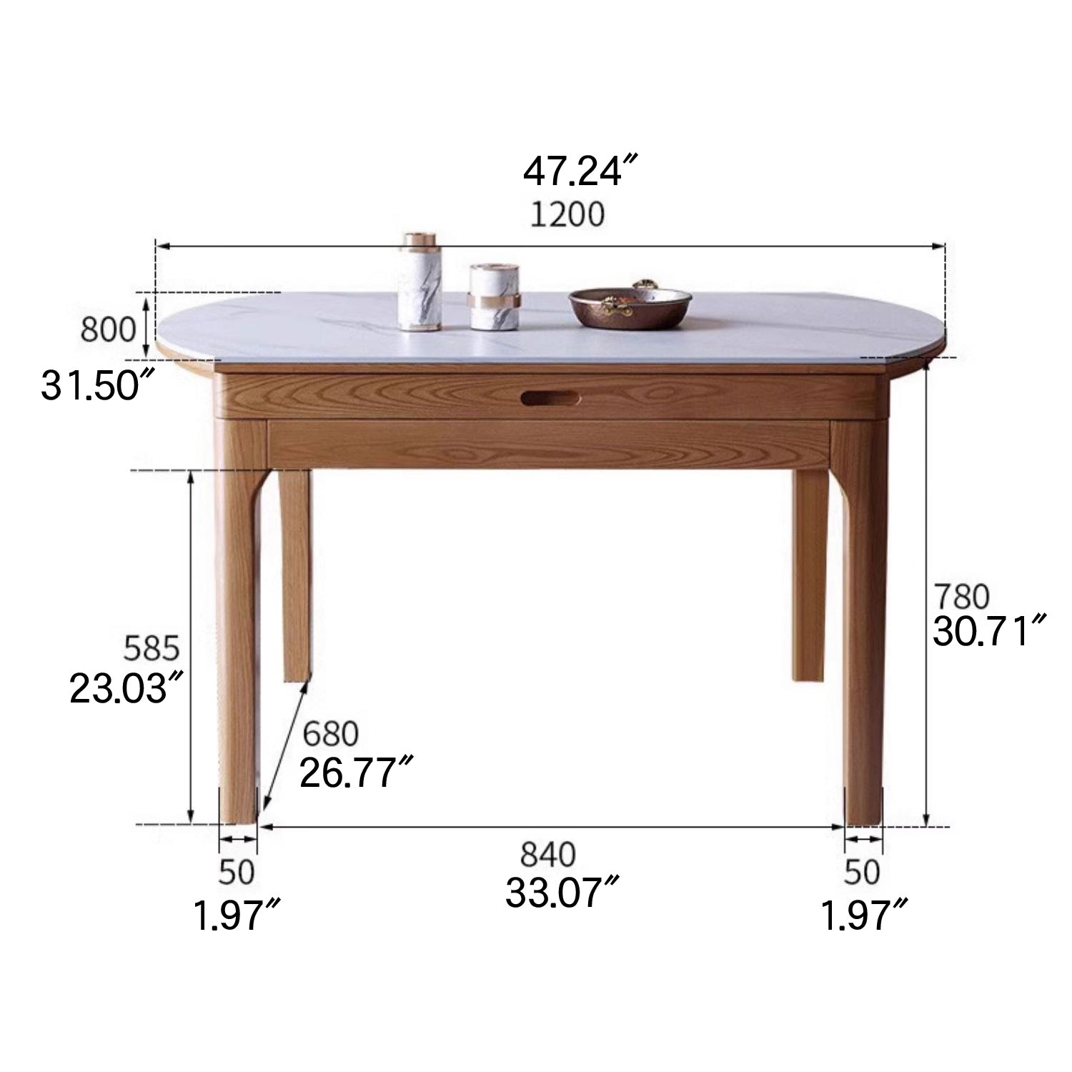 Extendable Round Ash Wood Dining Table with Sintered Stone Top for 6-8 Person fmbs-007