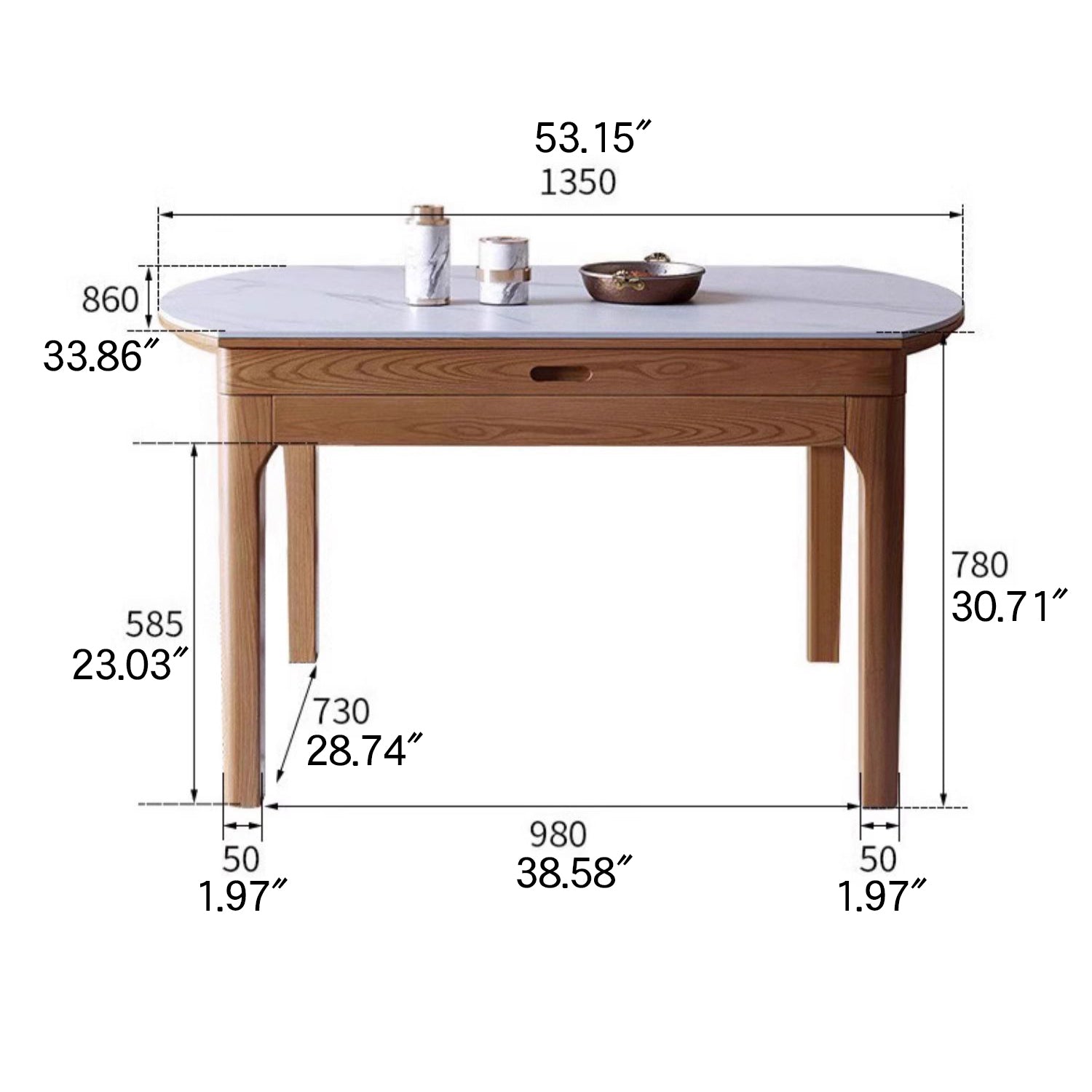 Extendable Round Ash Wood Dining Table with Sintered Stone Top for 6-8 Person fmbs-007