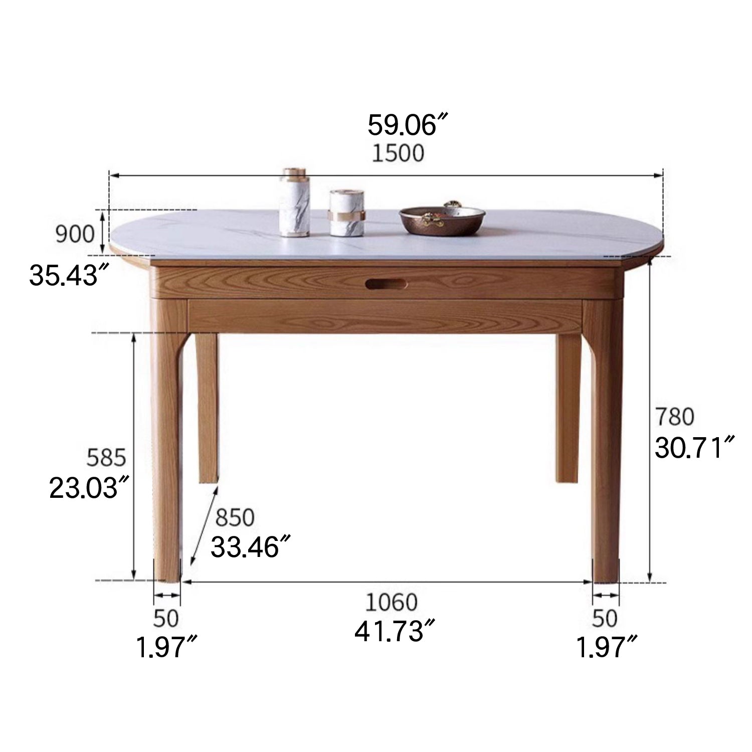 Extendable Round Ash Wood Dining Table with Sintered Stone Top for 6-8 Person fmbs-007