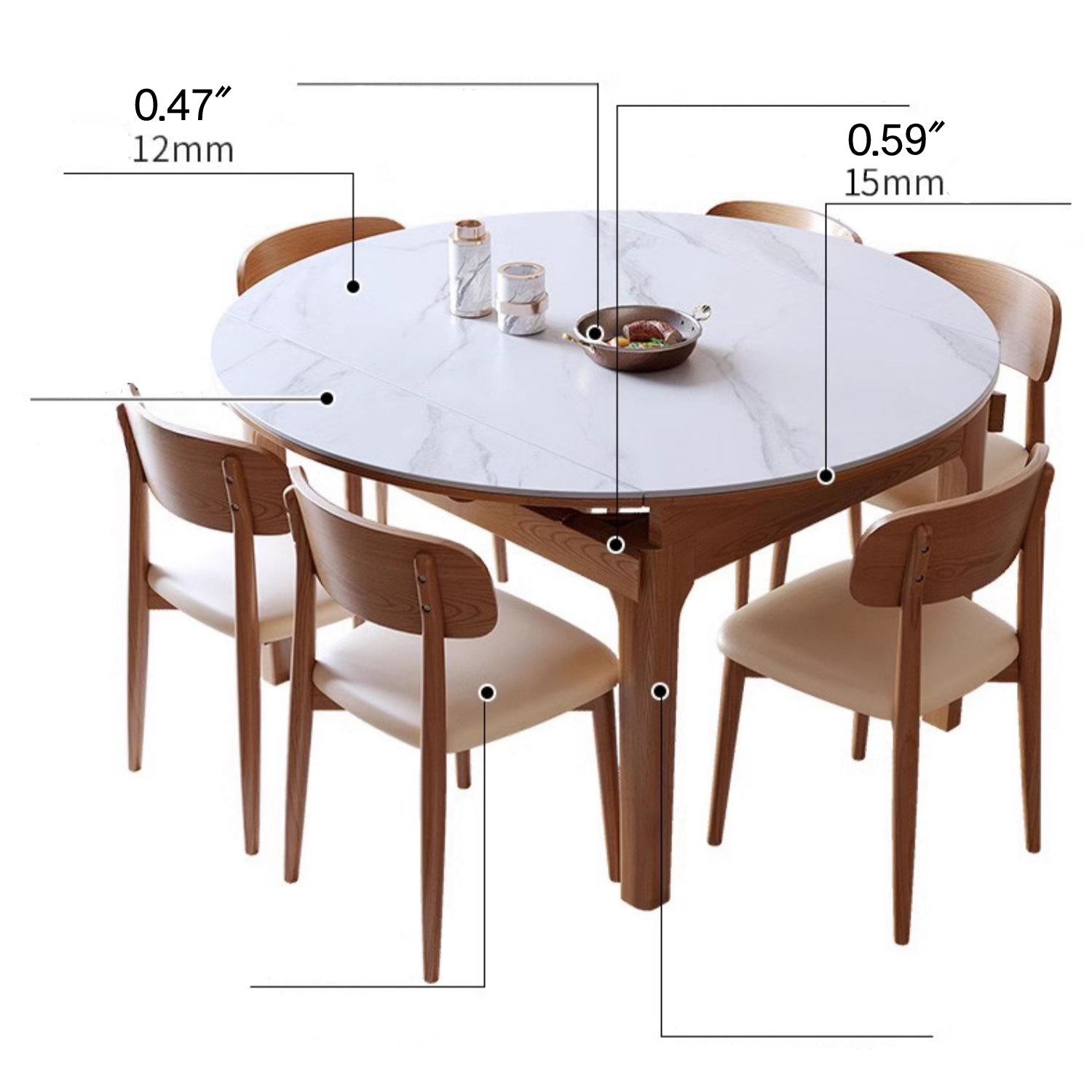 Extendable Round Ash Wood Dining Table with Sintered Stone Top for 6-8 Person fmbs-007