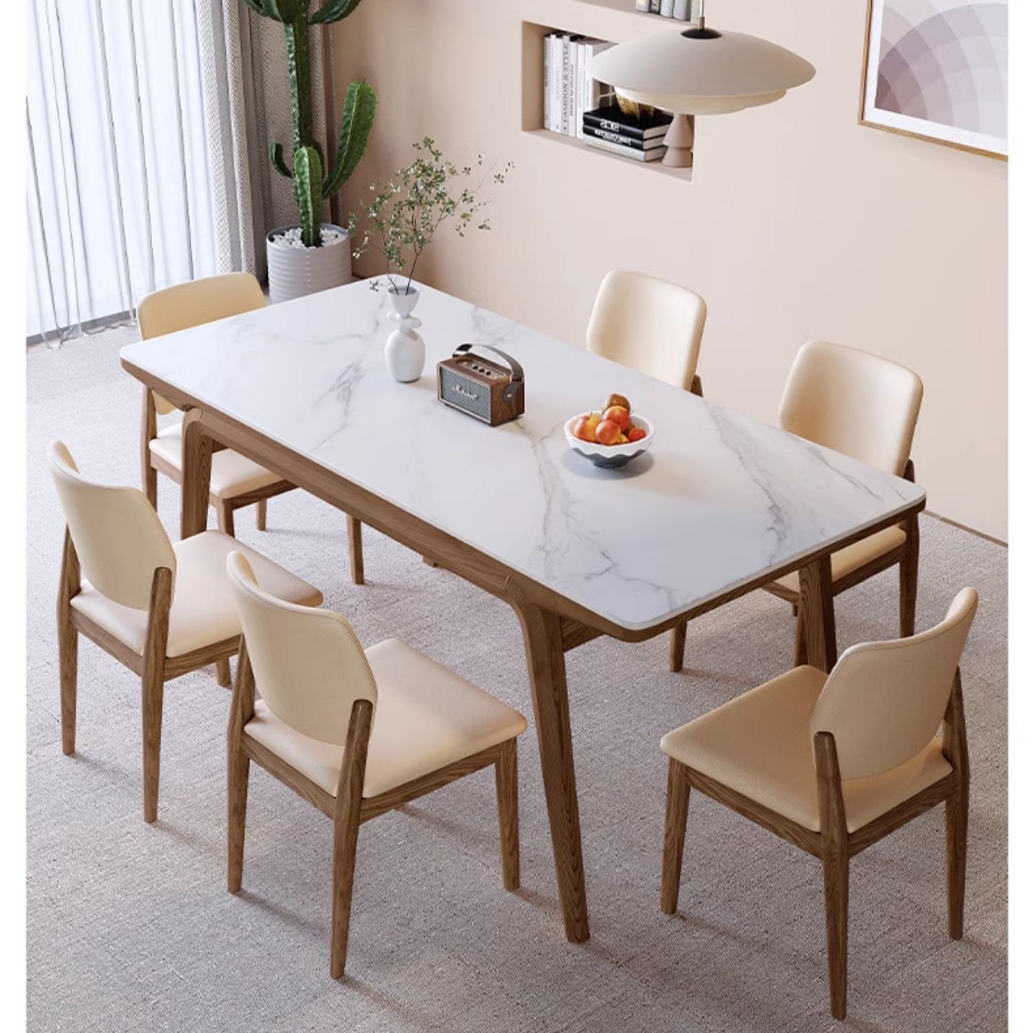 Modern Rectangular Dining Table Sintered Stone Top & Ash Wood Frame for 6 Persons 4 Legs fmbs-009