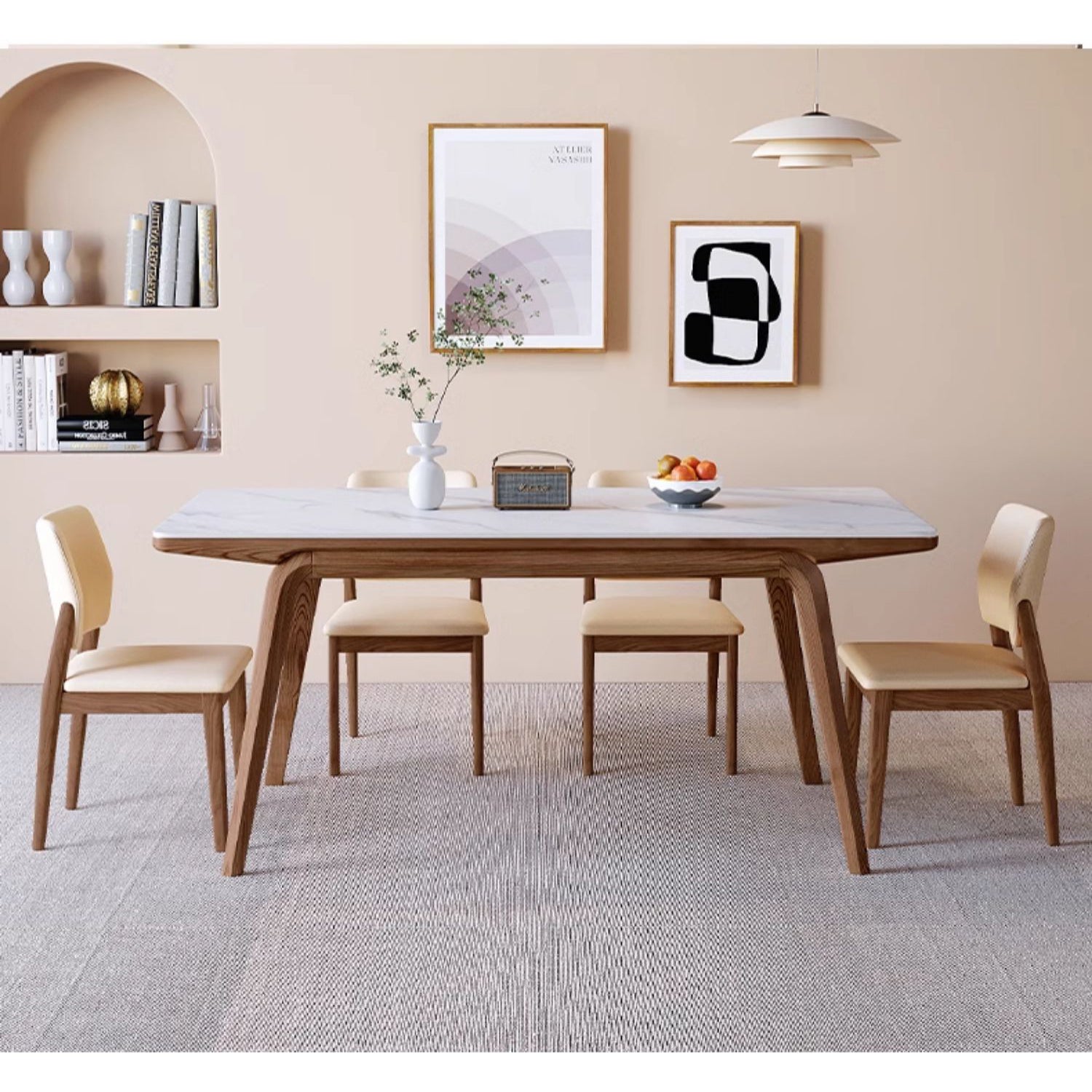 Modern Rectangular Dining Table Sintered Stone Top & Ash Wood Frame for 6 Persons 4 Legs fmbs-009