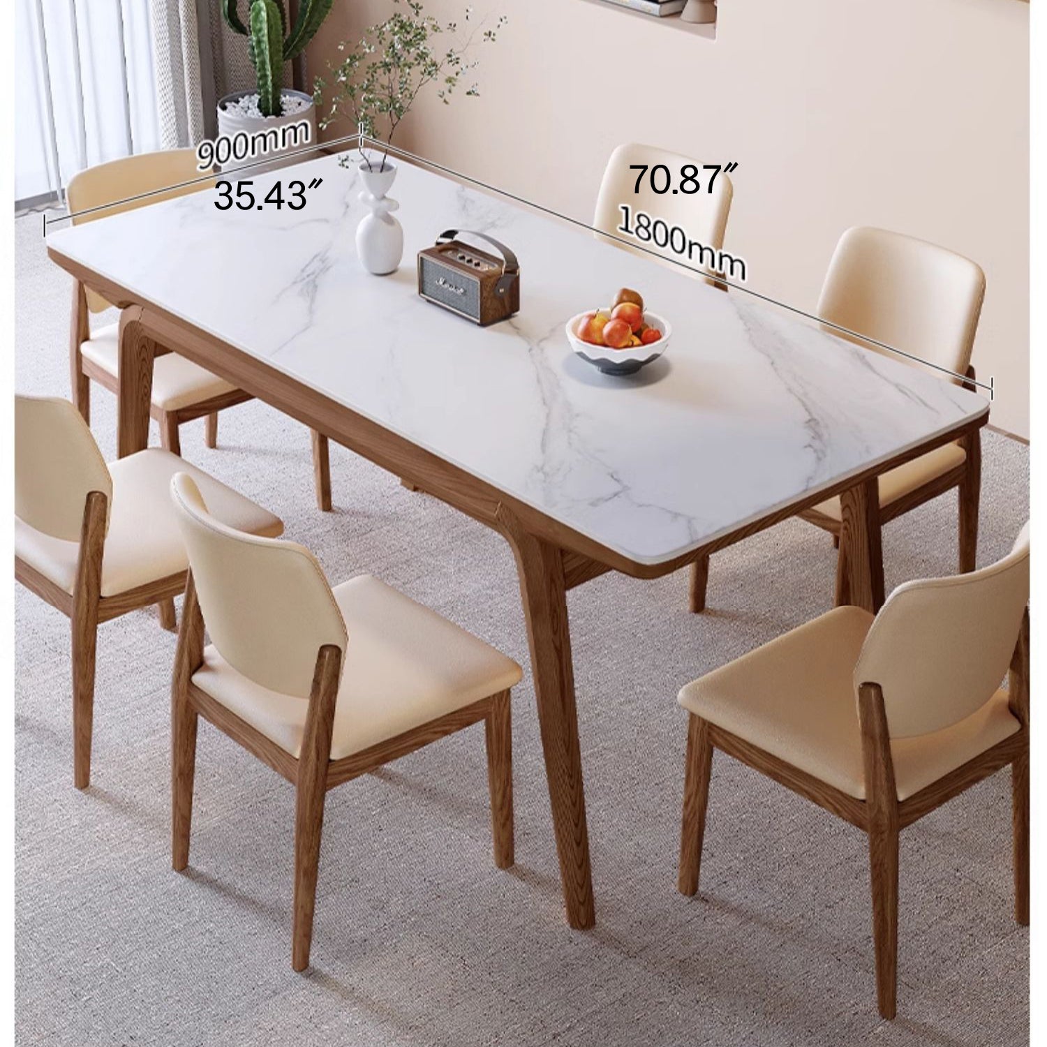 Modern Rectangular Dining Table Sintered Stone Top & Ash Wood Frame for 6 Persons 4 Legs fmbs-009