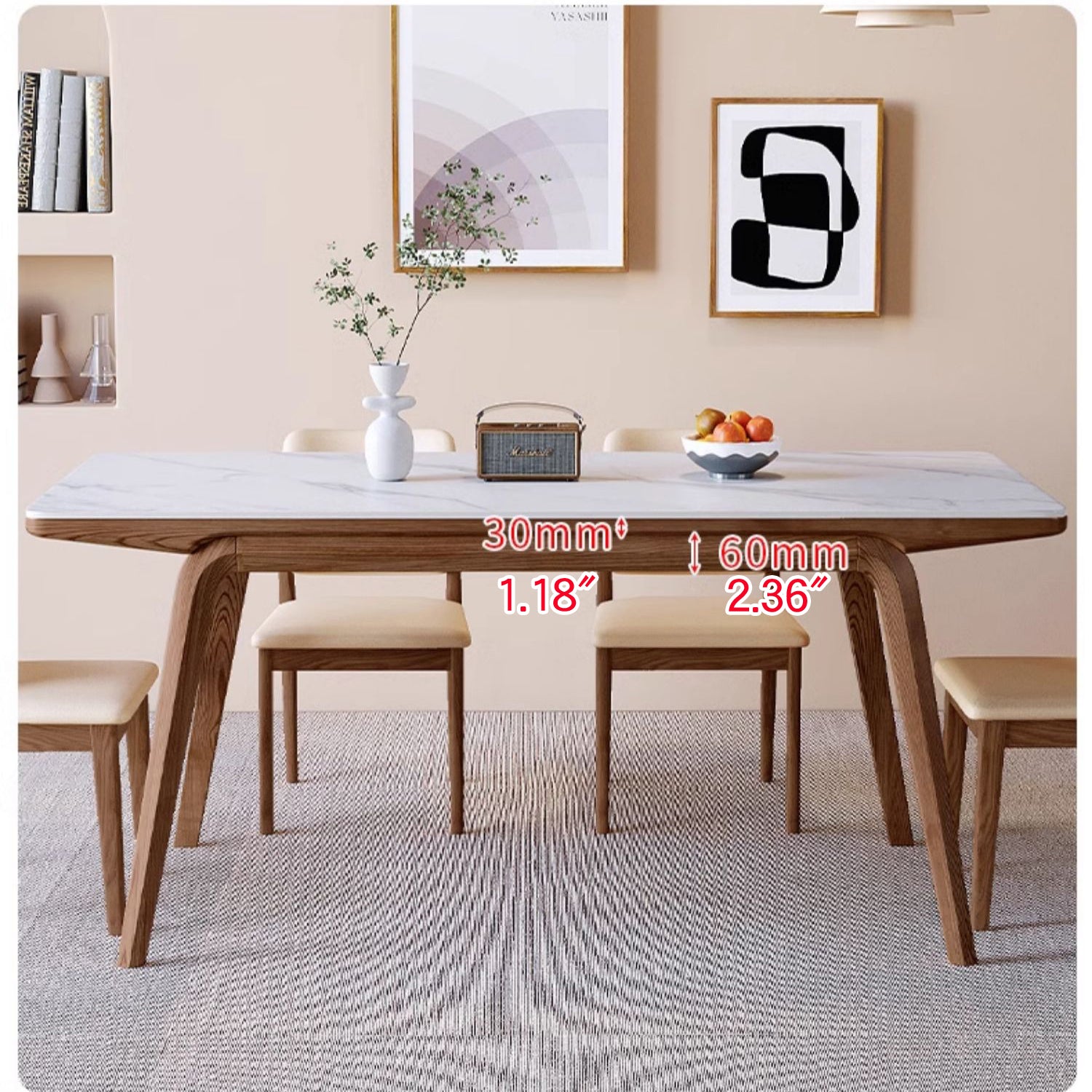 Modern Rectangular Dining Table Sintered Stone Top & Ash Wood Frame for 6 Persons 4 Legs fmbs-009