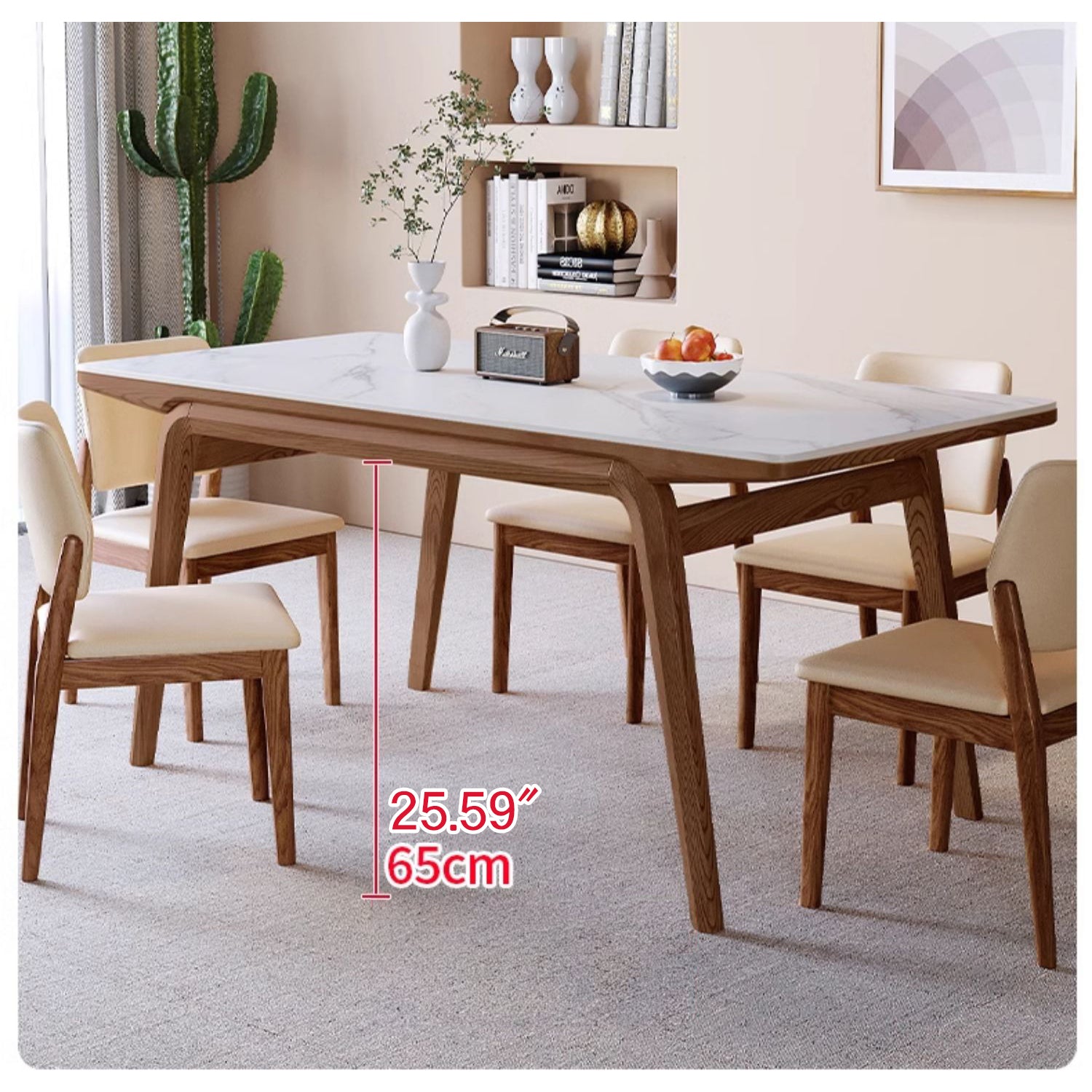 Modern Rectangular Dining Table Sintered Stone Top & Ash Wood Frame for 6 Persons 4 Legs fmbs-009