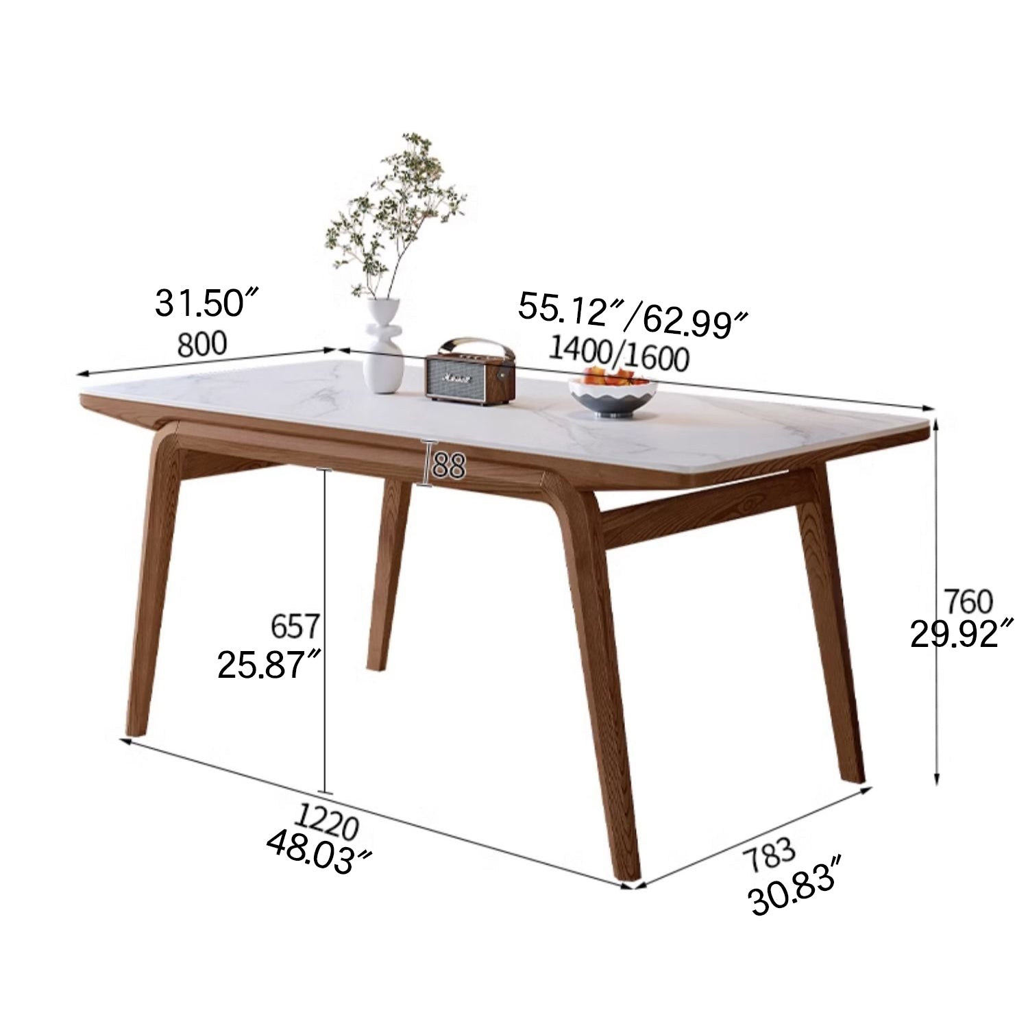 Modern Rectangular Dining Table Sintered Stone Top & Ash Wood Frame for 6 Persons 4 Legs fmbs-009