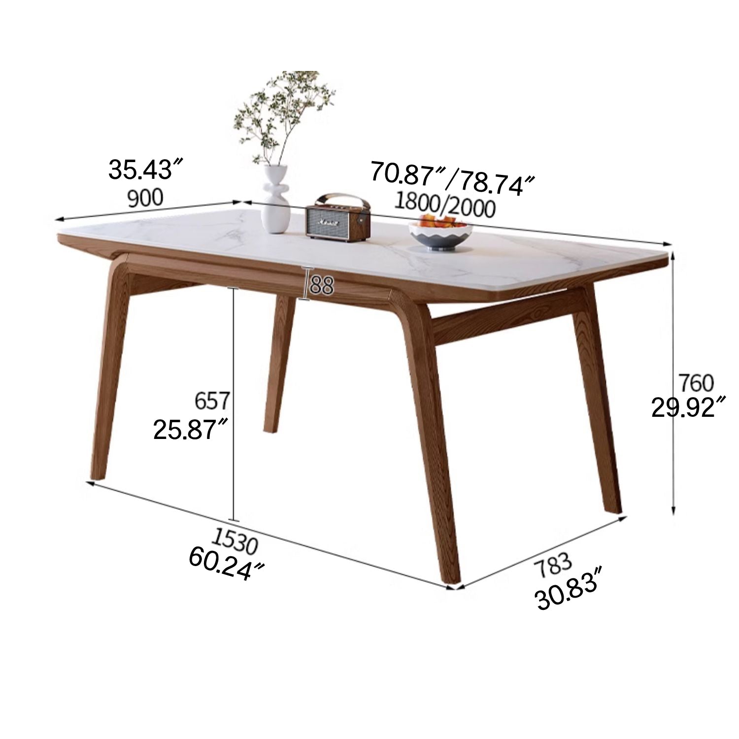 Modern Rectangular Dining Table Sintered Stone Top & Ash Wood Frame for 6 Persons 4 Legs fmbs-009