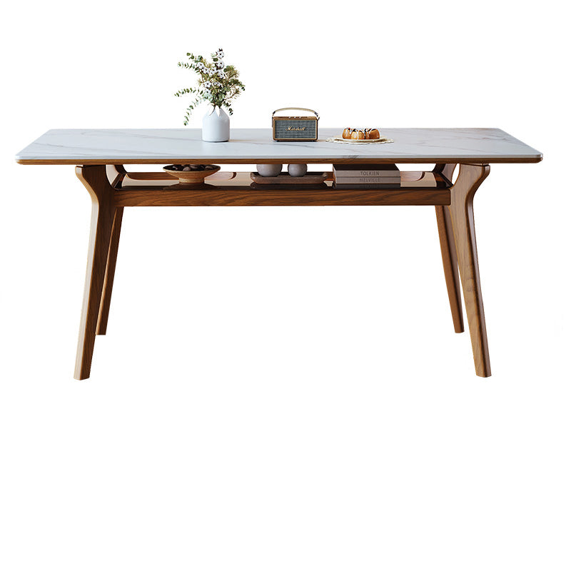 Rectangular Dining Table with Sintered Stone Top & Glass Tier for Storage - Perfect for 6 People 4 Legs fmbs-010