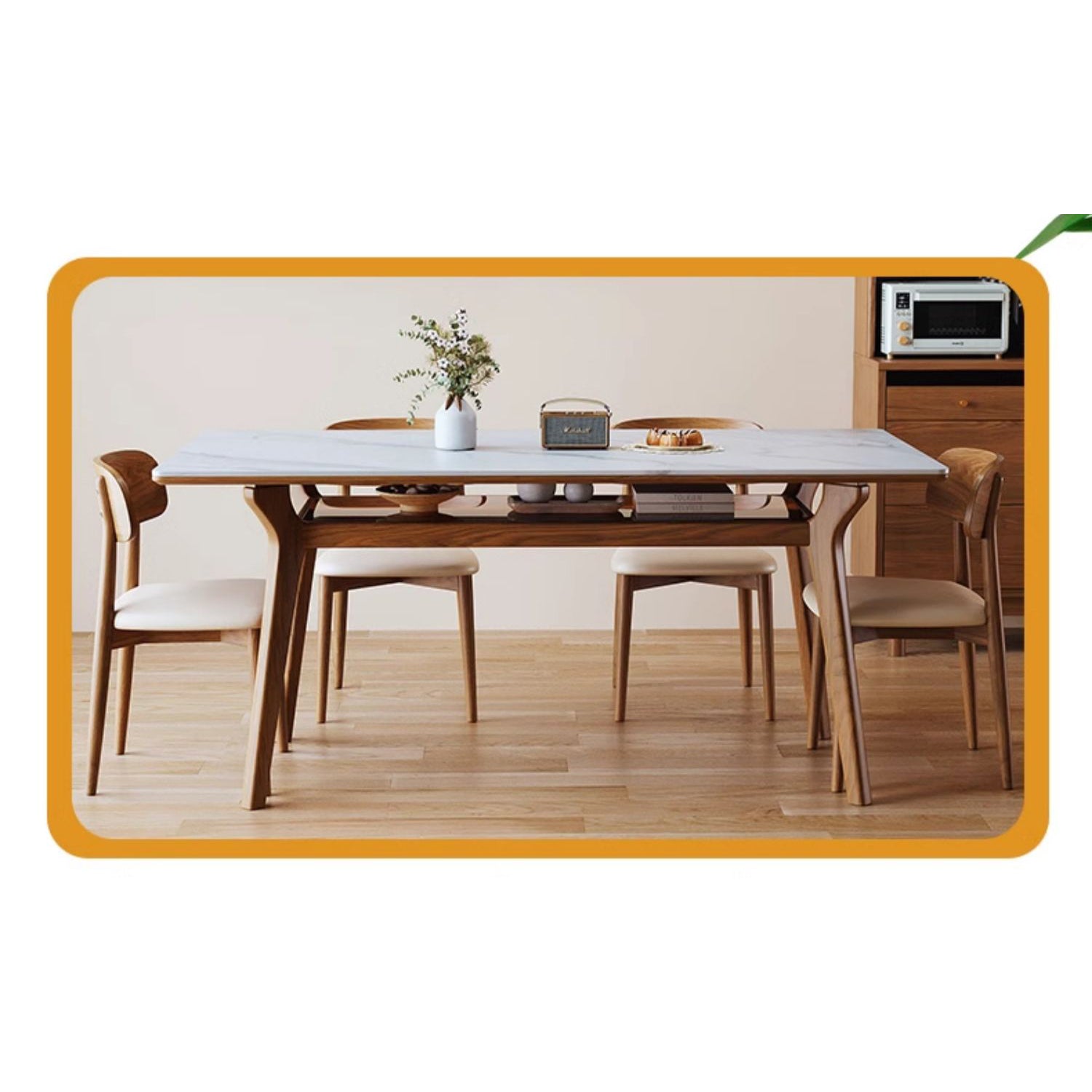 Rectangular Dining Table with Sintered Stone Top & Glass Tier for Storage - Perfect for 6 People 4 Legs fmbs-010