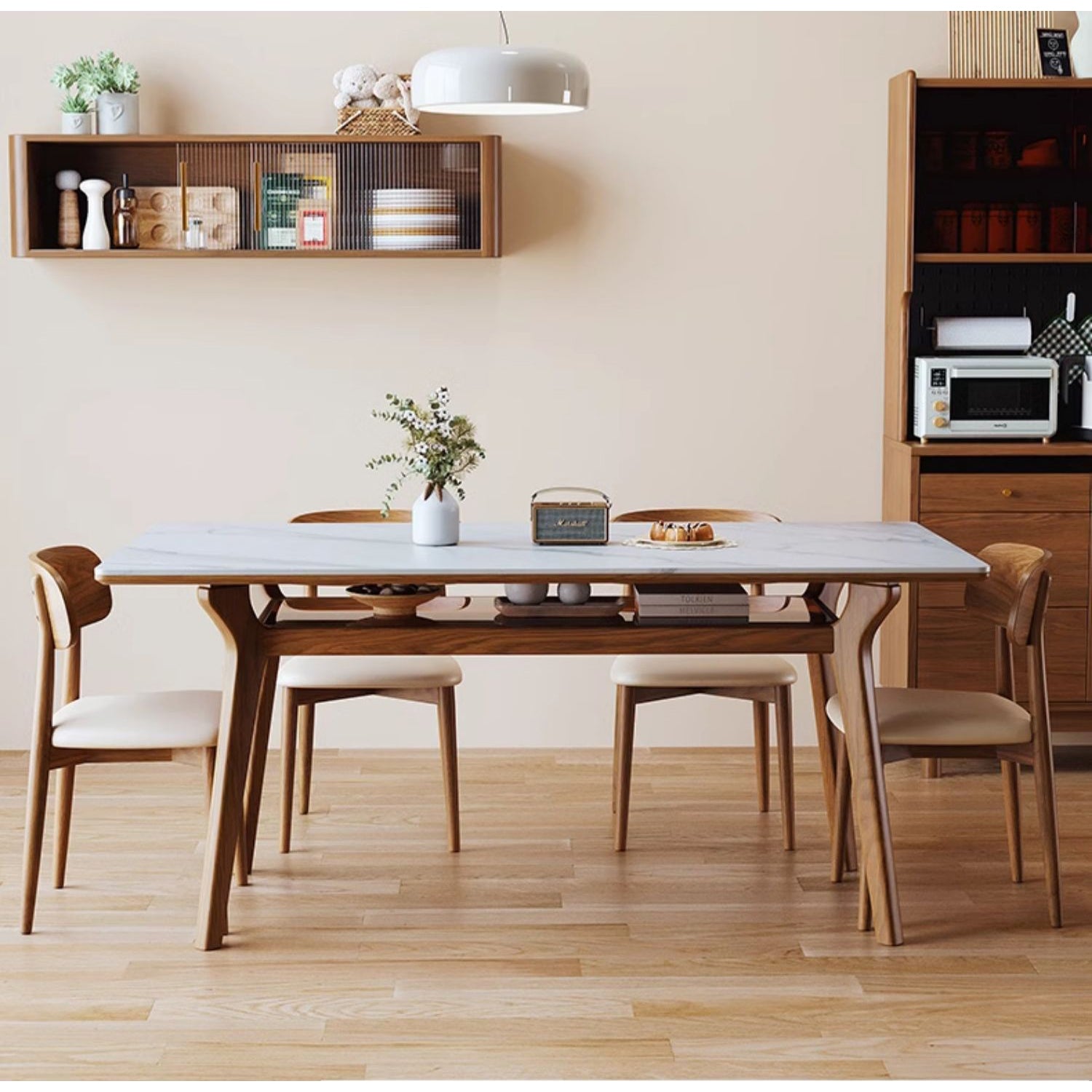 Rectangular Dining Table with Sintered Stone Top & Glass Tier for Storage - Perfect for 6 People 4 Legs fmbs-010