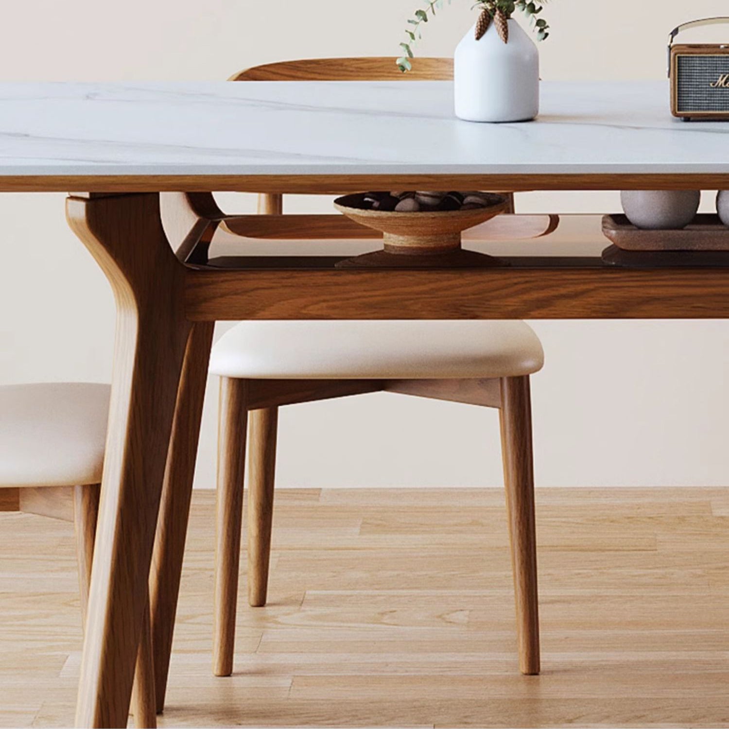 Rectangular Dining Table with Sintered Stone Top & Glass Tier for Storage - Perfect for 6 People 4 Legs fmbs-010