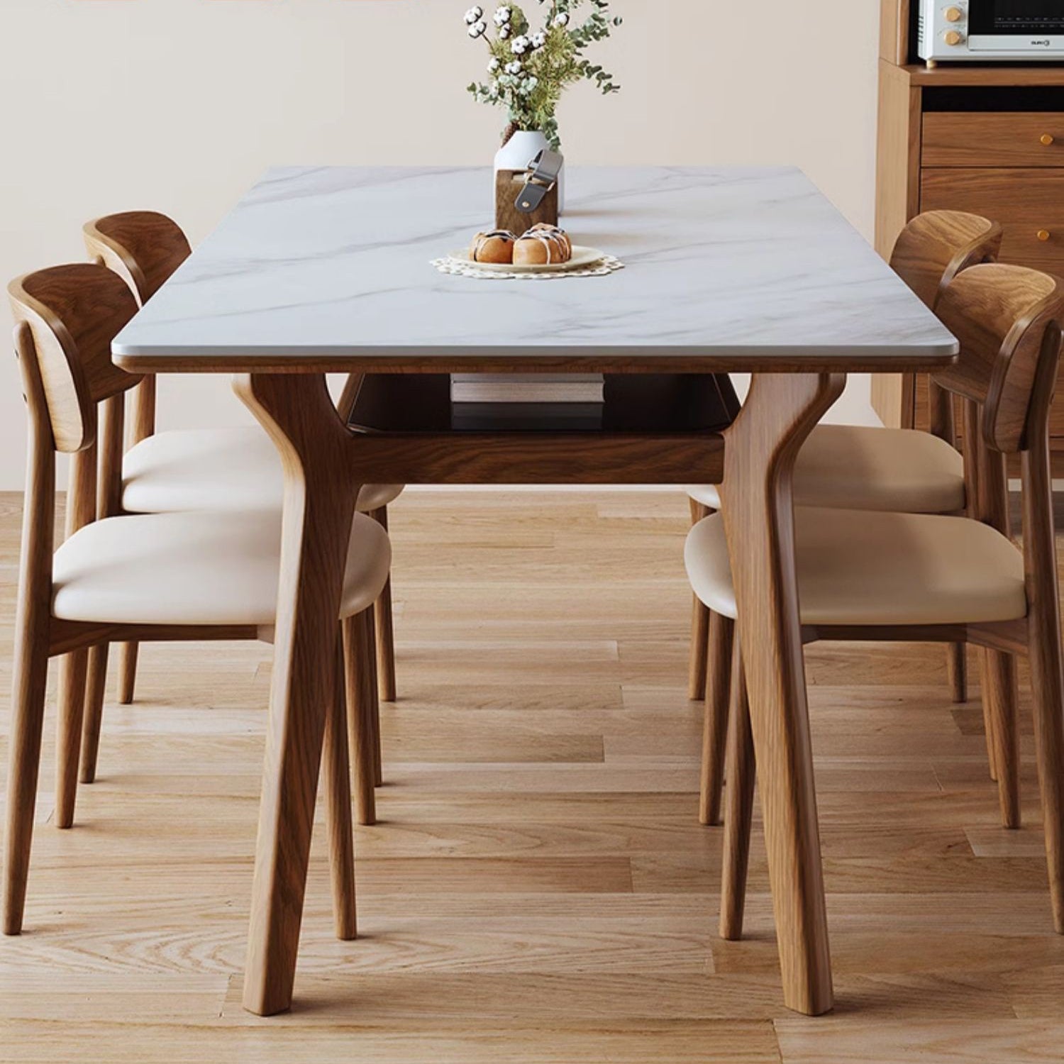 Rectangular Dining Table with Sintered Stone Top & Glass Tier for Storage - Perfect for 6 People 4 Legs fmbs-010