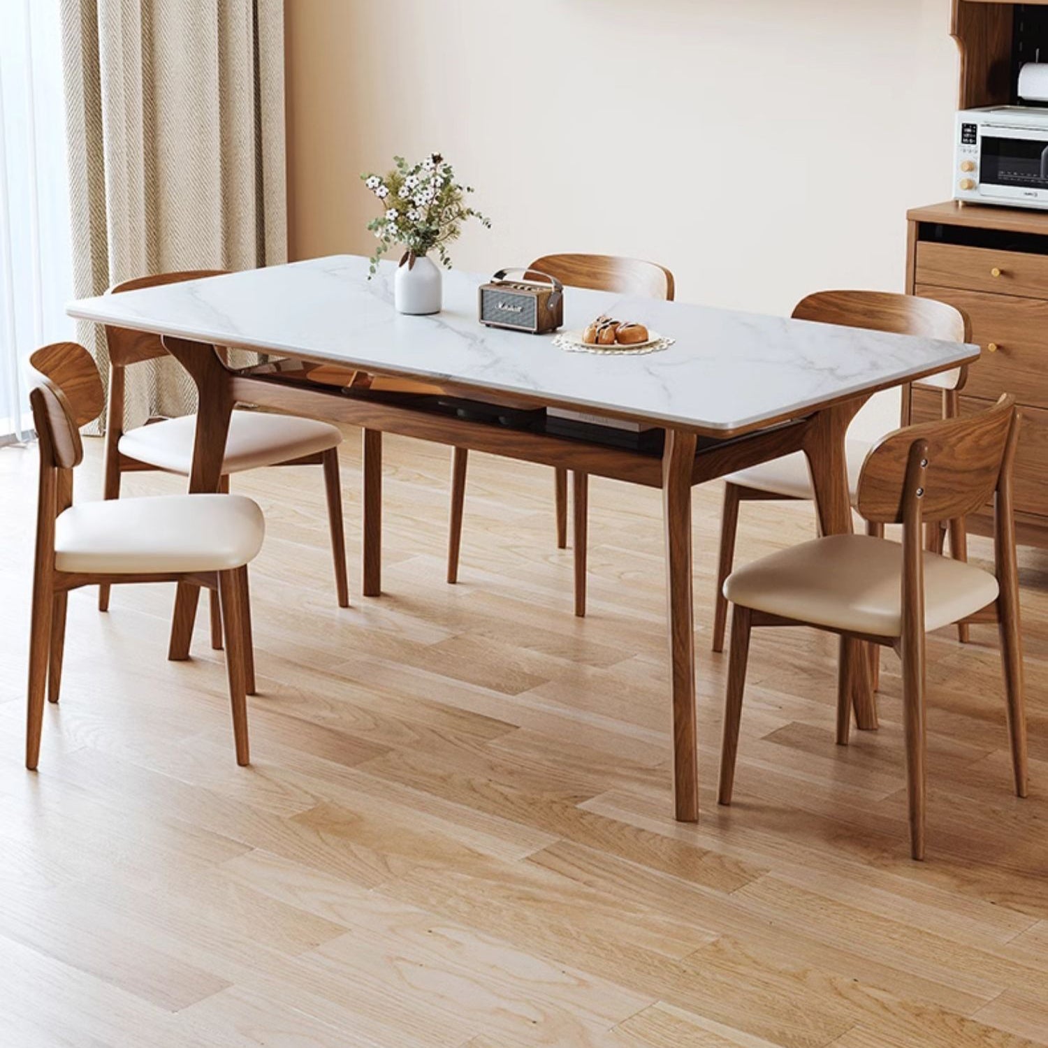 Rectangular Dining Table with Sintered Stone Top & Glass Tier for Storage - Perfect for 6 People 4 Legs fmbs-010