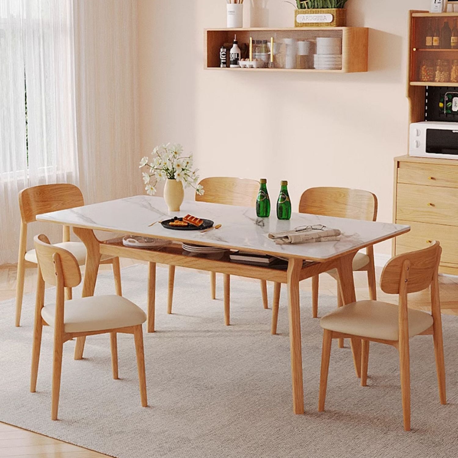 Rectangular Dining Table with Sintered Stone Top & Glass Tier for Storage - Perfect for 6 People 4 Legs fmbs-010