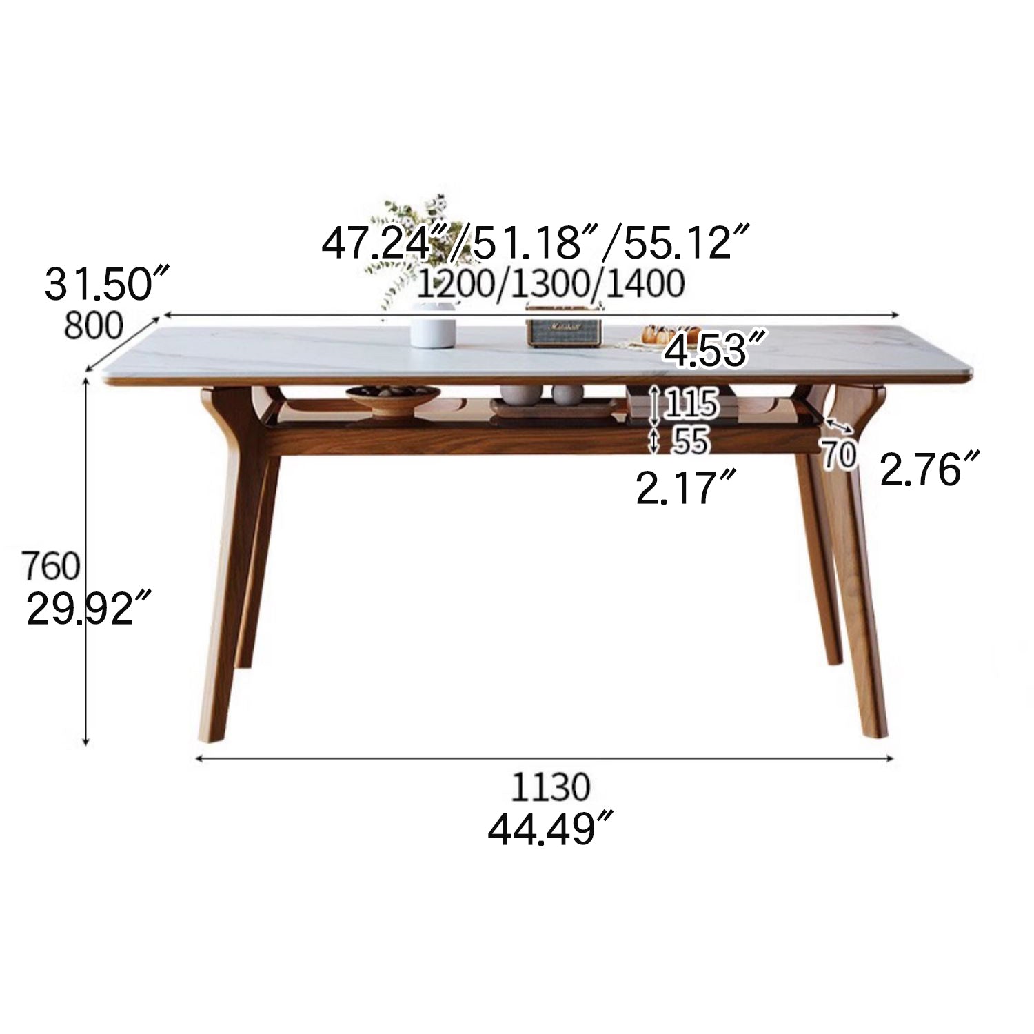 Rectangular Dining Table with Sintered Stone Top & Glass Tier for Storage - Perfect for 6 People 4 Legs fmbs-010