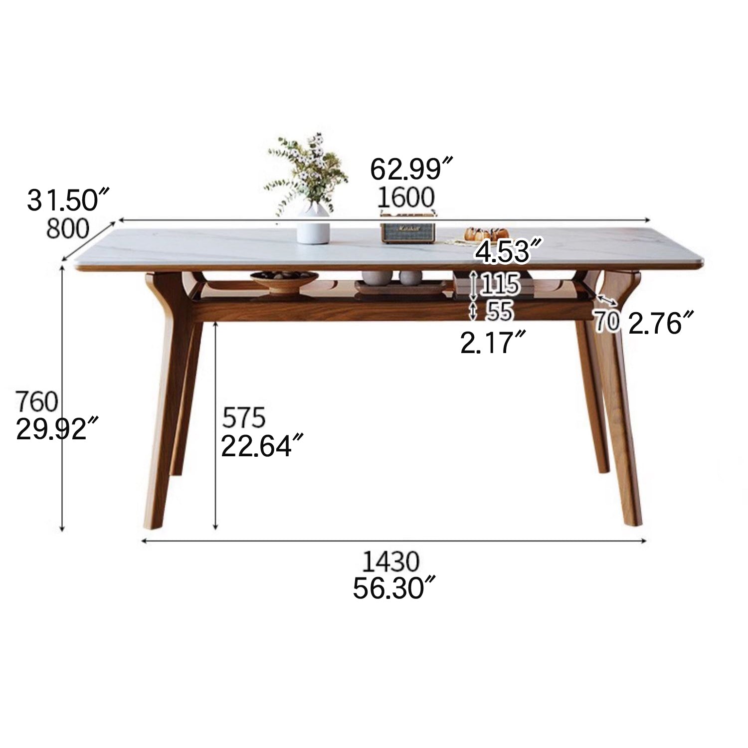 Rectangular Dining Table with Sintered Stone Top & Glass Tier for Storage - Perfect for 6 People 4 Legs fmbs-010