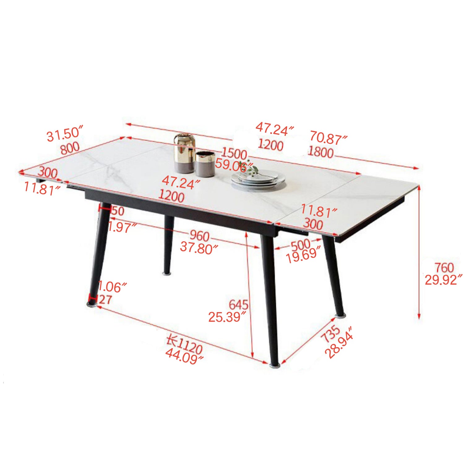 Extendable Rectangular Dining Table with Sintered Stone Top for 6-8 Person fmbs-011