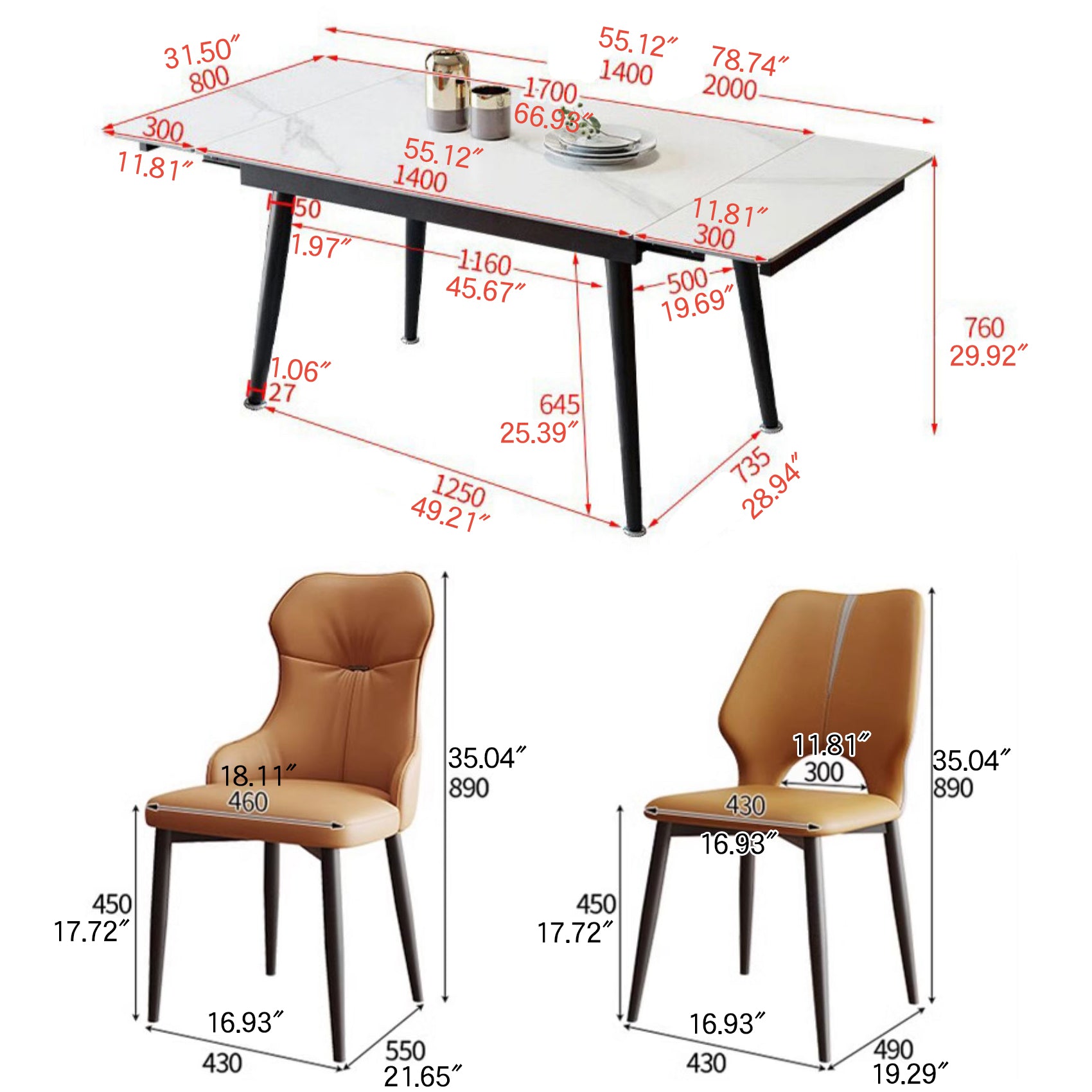 Extendable Rectangular Dining Table with Sintered Stone Top for 6-8 Person fmbs-011