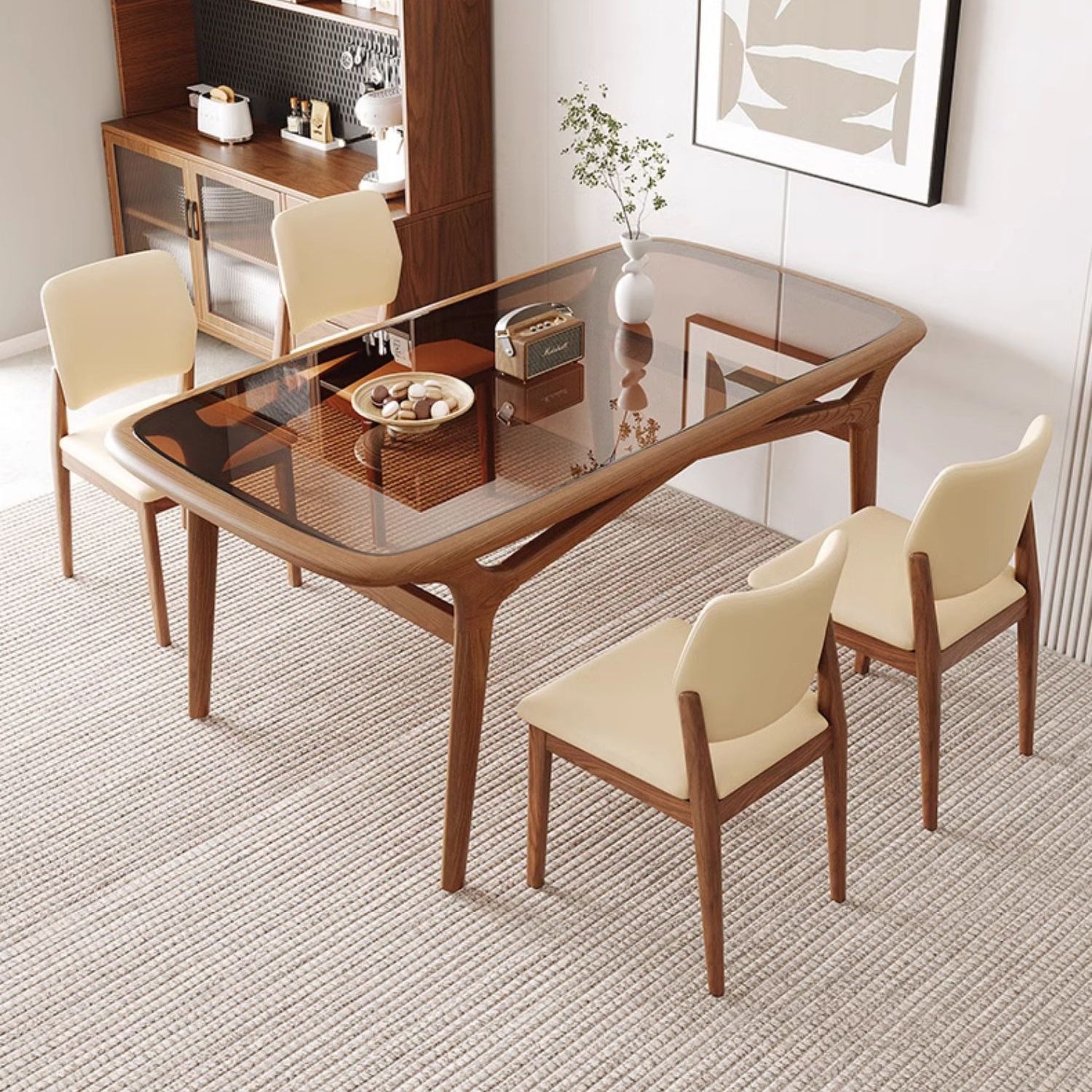 Modern Rectangular Ash Wood Dining Table with Glass Top for 6  fmbs-014