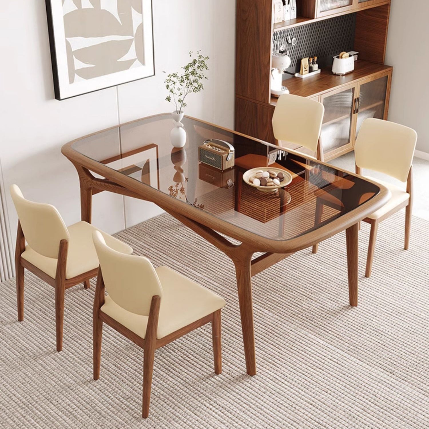 Modern Rectangular Ash Wood Dining Table with Glass Top for 6  fmbs-014