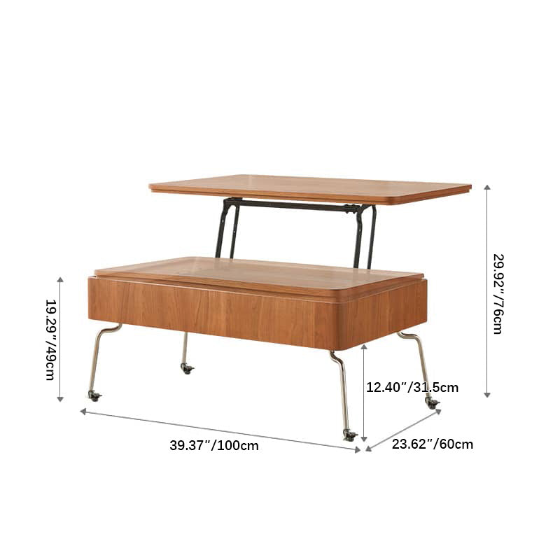 Modern Rectangular Cherry Wood Coffee Table with Lift Top - Metal Legs with Wheels for Livingroom fmy-686