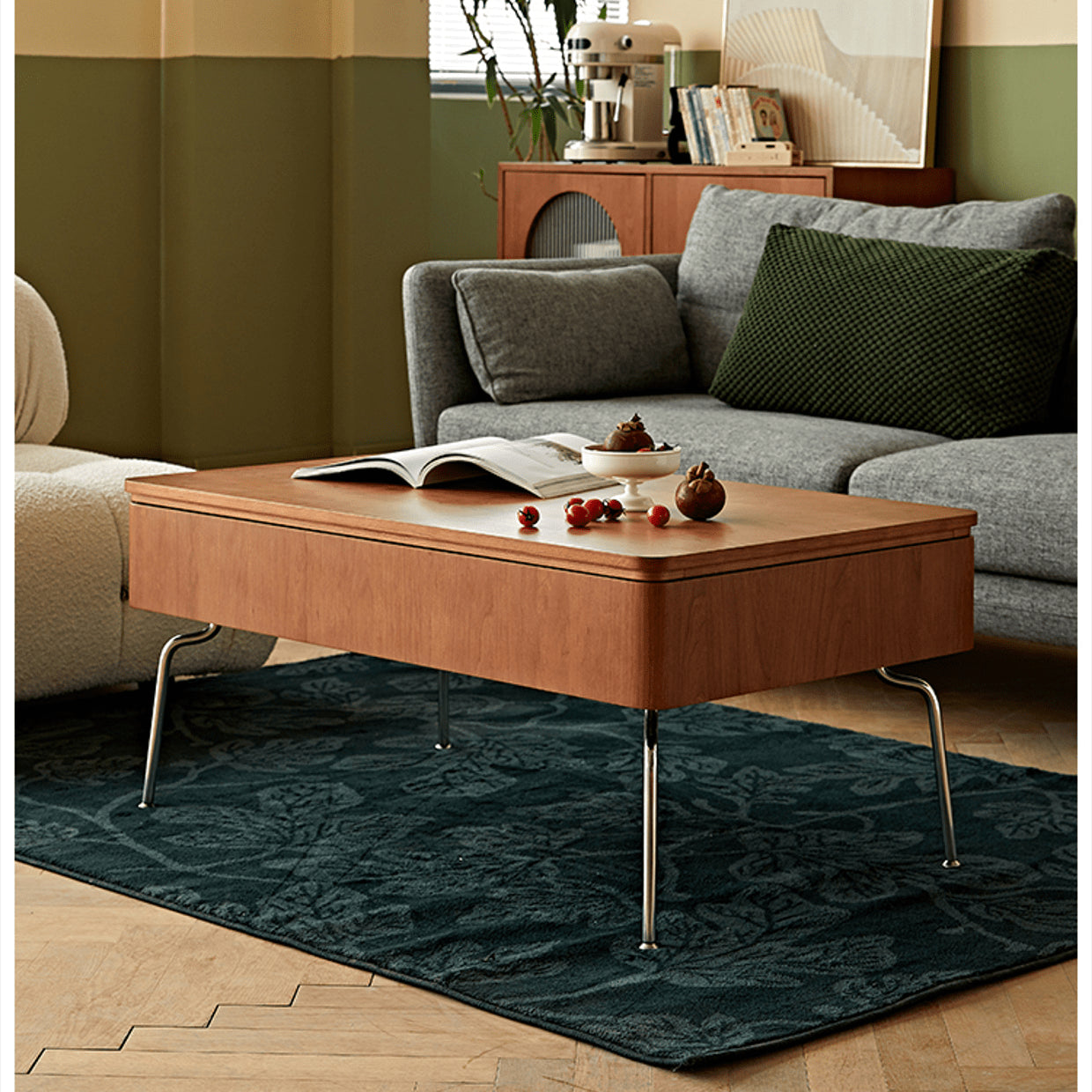 Modern Rectangular Cherry Wood Coffee Table with Lift Top - Metal Legs with Wheels for Livingroom fmy-686