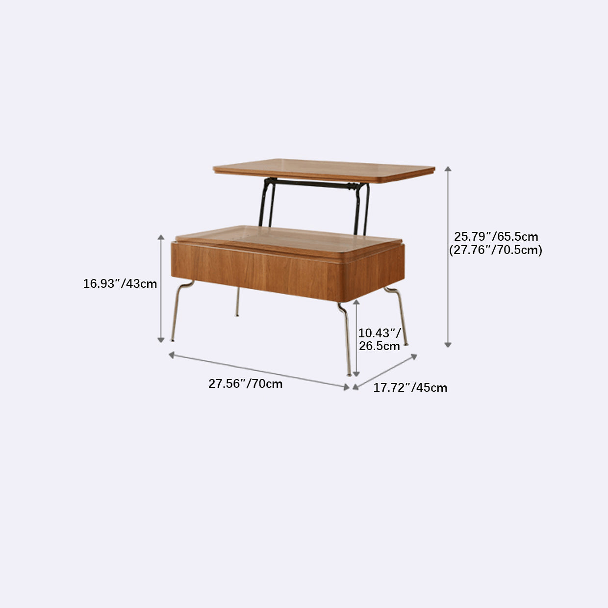 Modern Rectangular Cherry Wood Coffee Table with Lift Top - Metal Legs with Wheels for Livingroom fmy-686