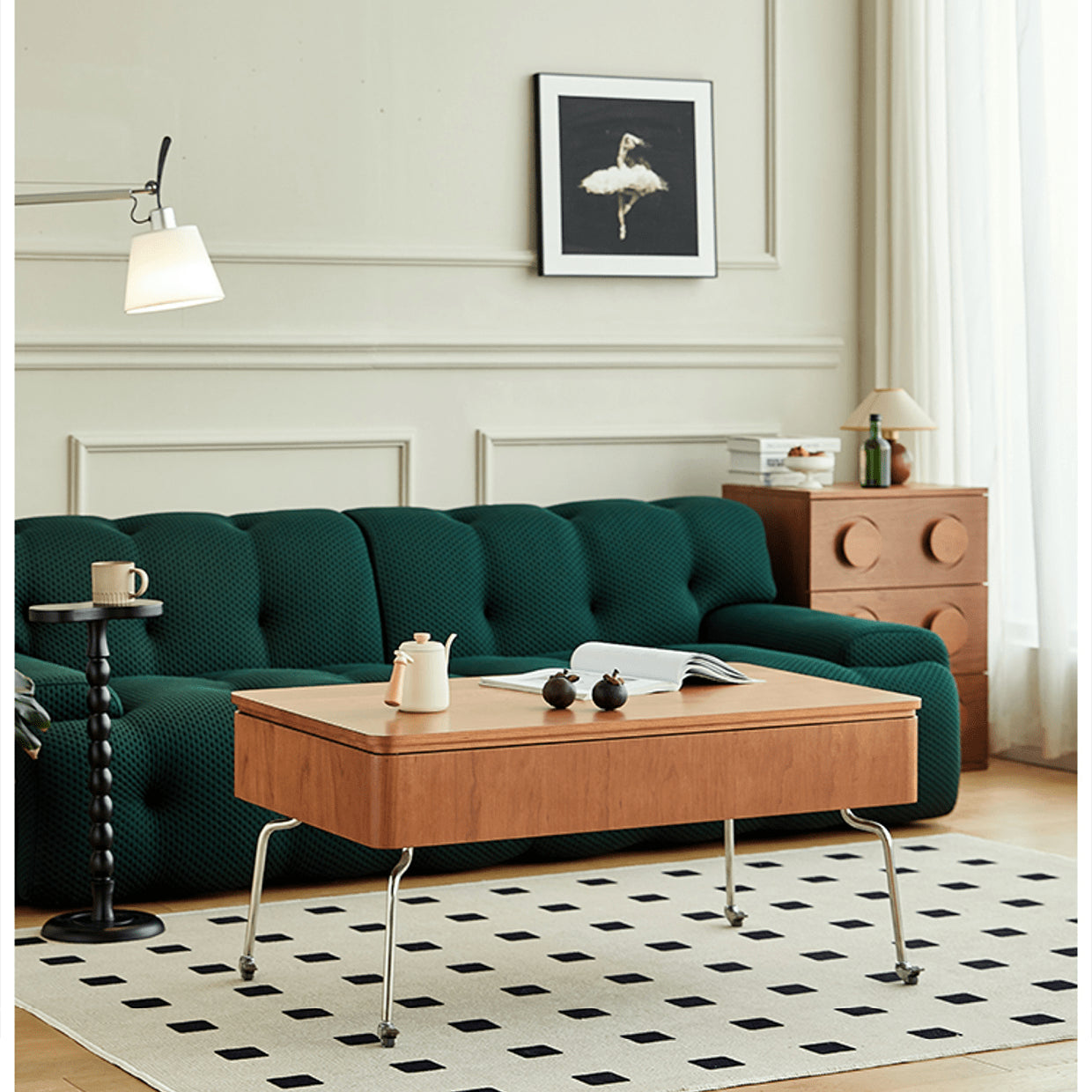 Modern Rectangular Cherry Wood Coffee Table with Lift Top - Metal Legs with Wheels for Livingroom fmy-686