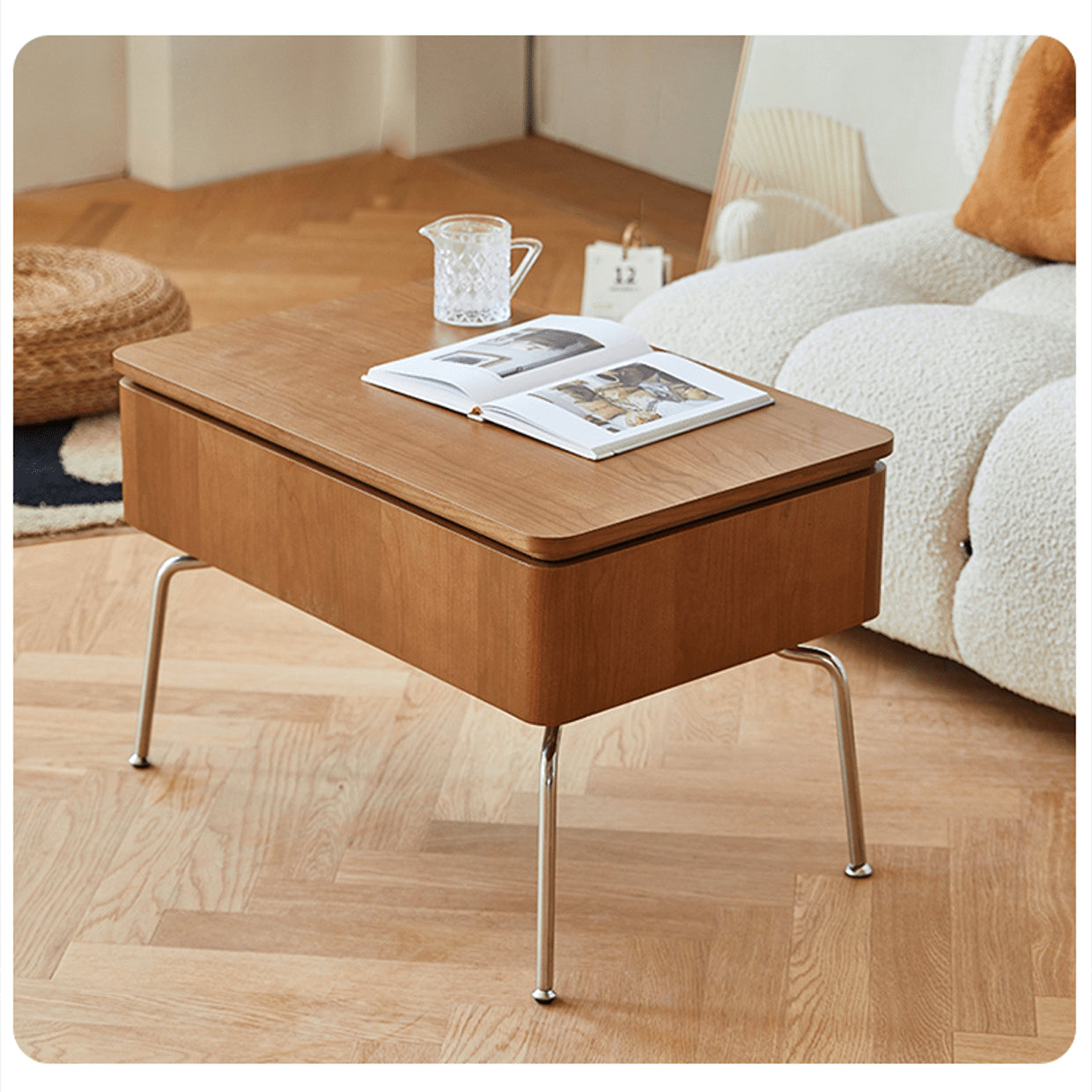 Modern Rectangular Cherry Wood Coffee Table with Lift Top - Metal Legs with Wheels for Livingroom fmy-686