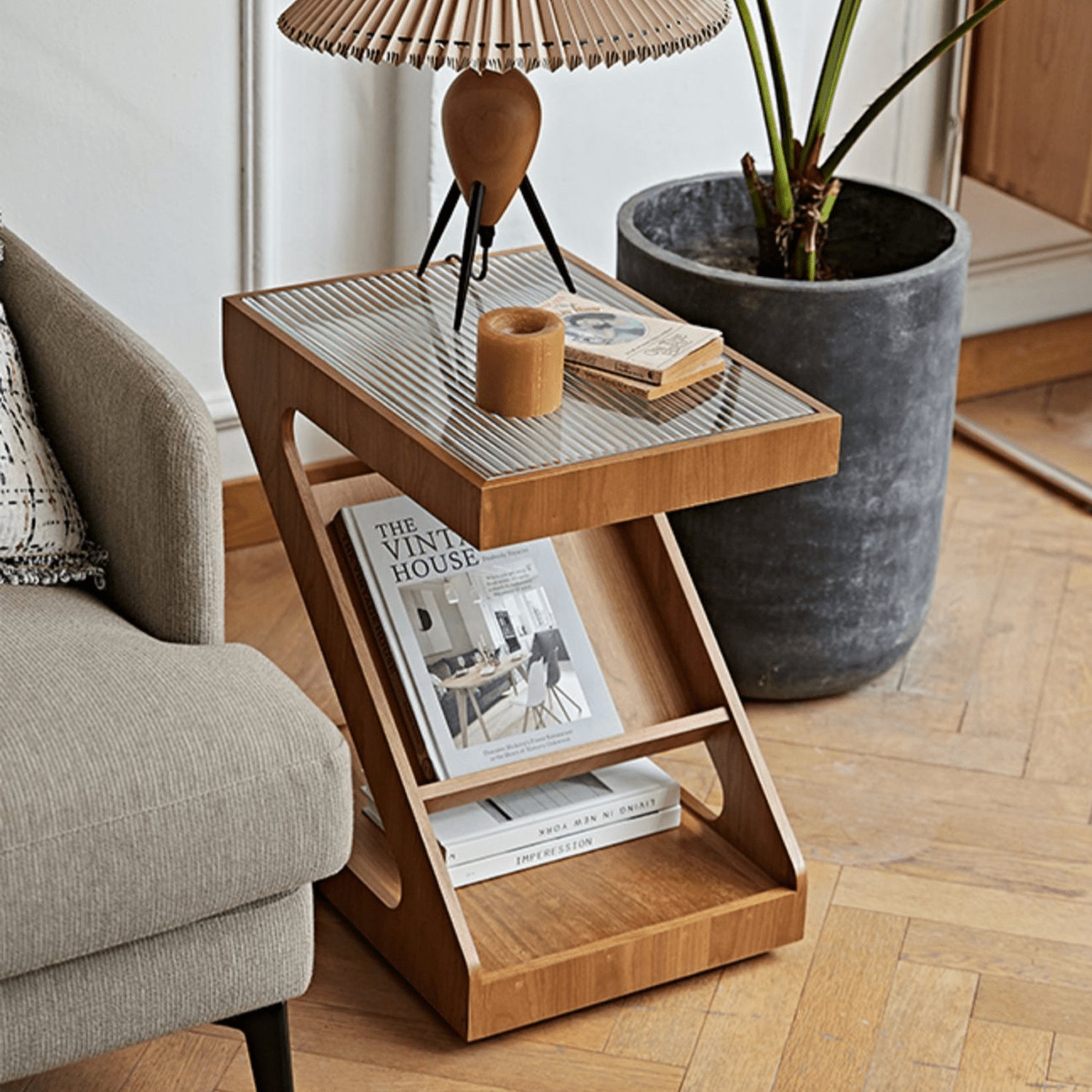 Cherry Wood End Table in Z Style with Storage - Modern for Your Rooms fmy-688