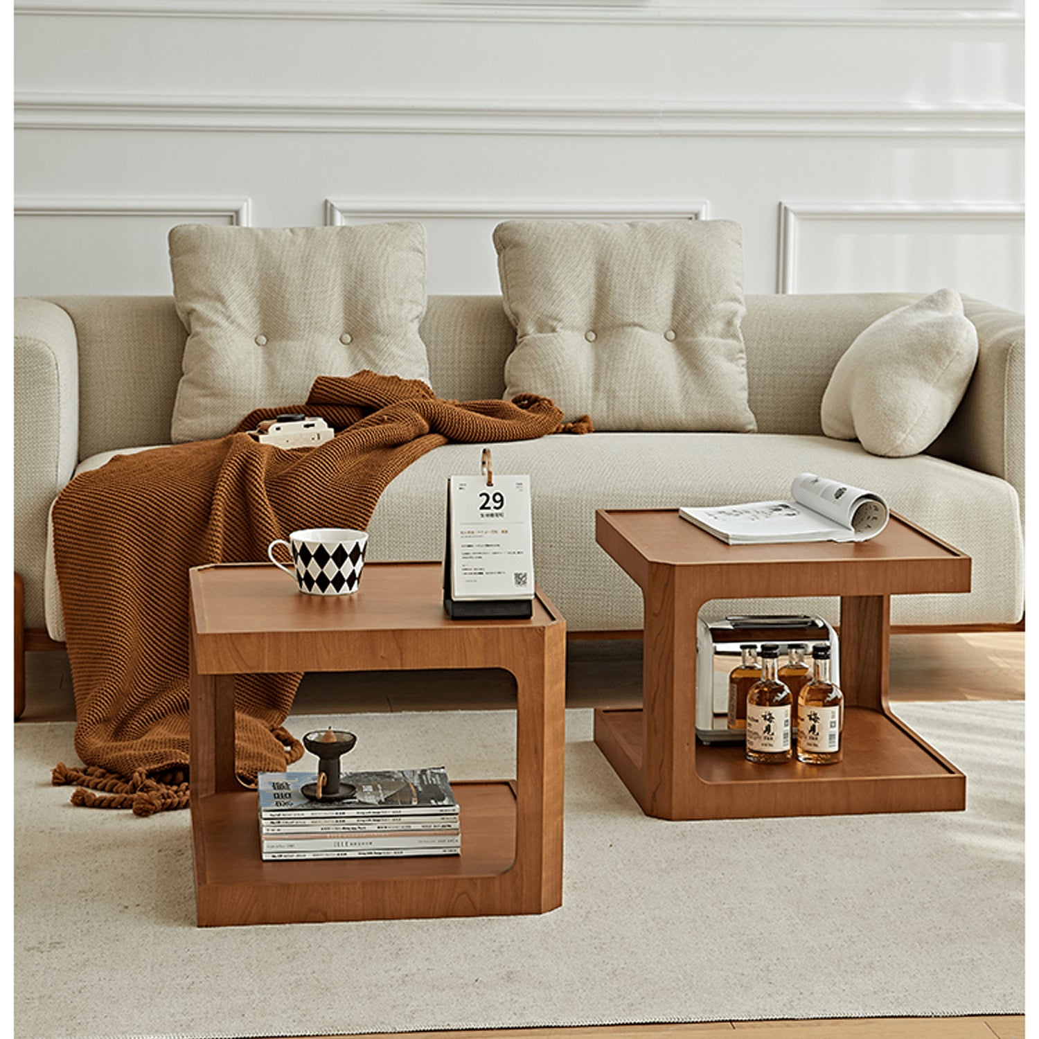 Square Cherry Wood Coffee Table with Two-tier – Sturdy Plywood Design for Livingroom fmy-690