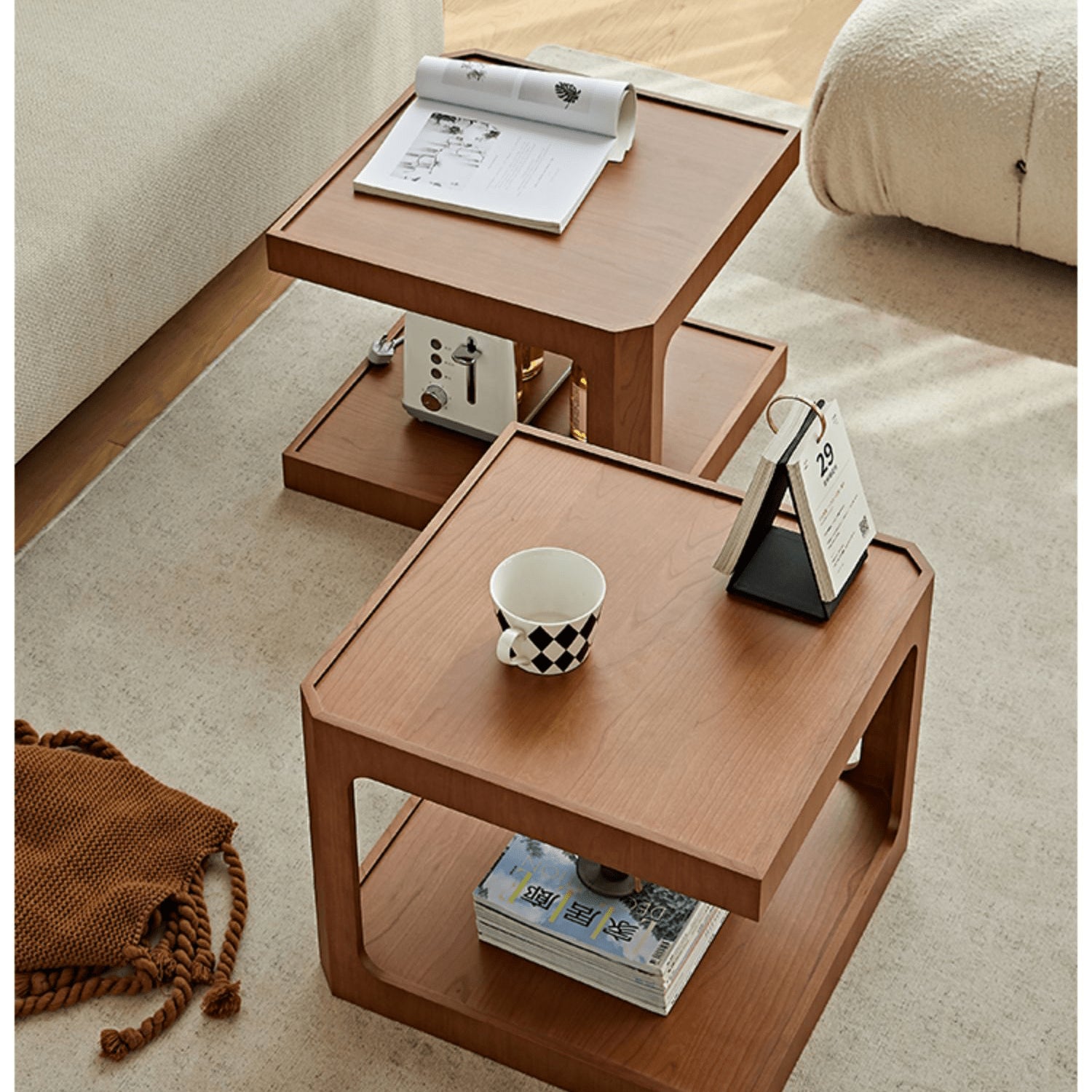 Square Cherry Wood Coffee Table with Two-tier – Sturdy Plywood Design for Livingroom fmy-690